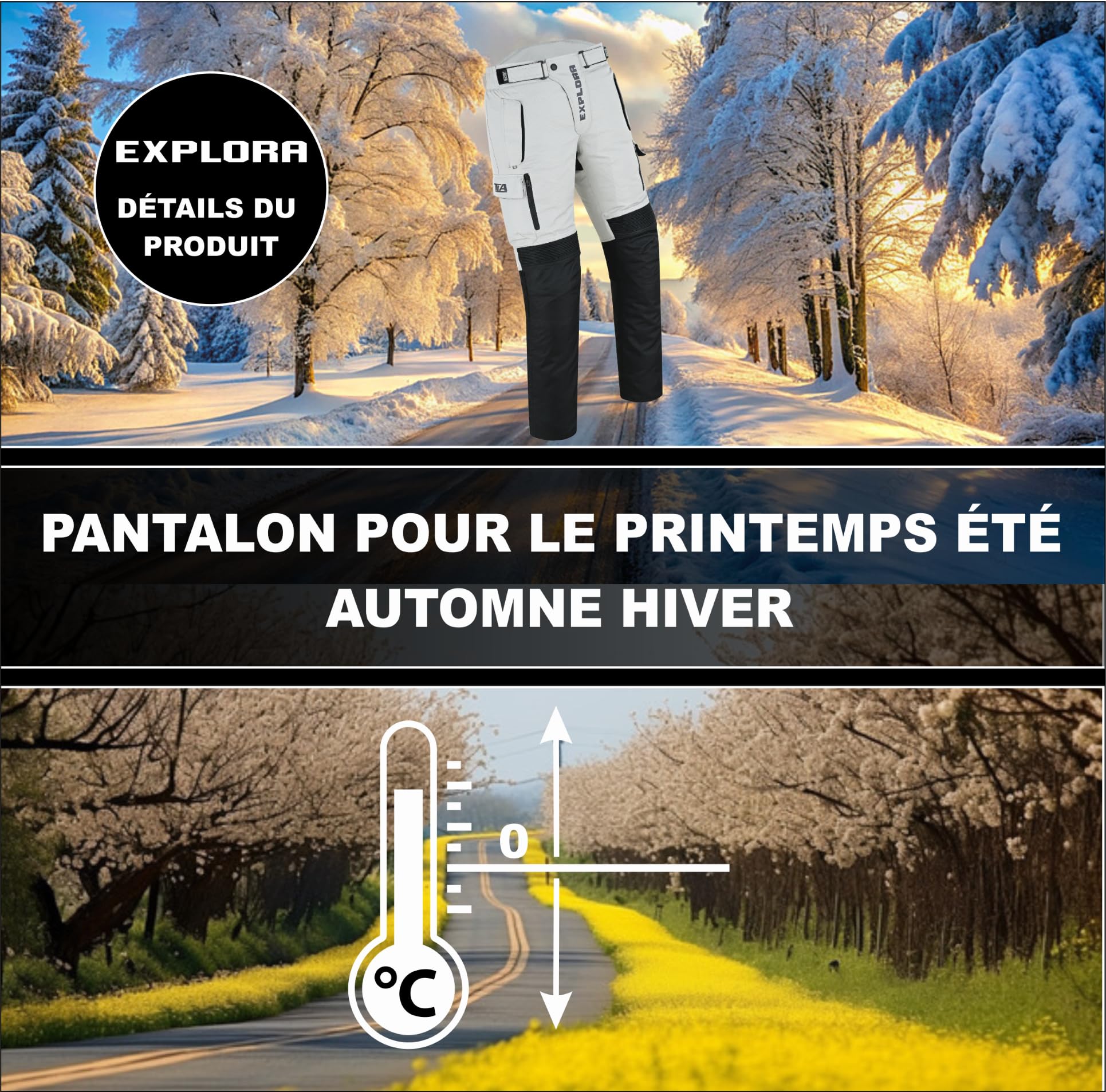 TLA EXPLORA Pantaloni Moto con Protezioni a 2 Strati, 4 Stagioni, Imbottitura Staccabile, Traspirante, Taglie sino 6XL Unisex per Uomo e Donna, Pantaloni Moto Enduro, Quad, ATV, motoslitta