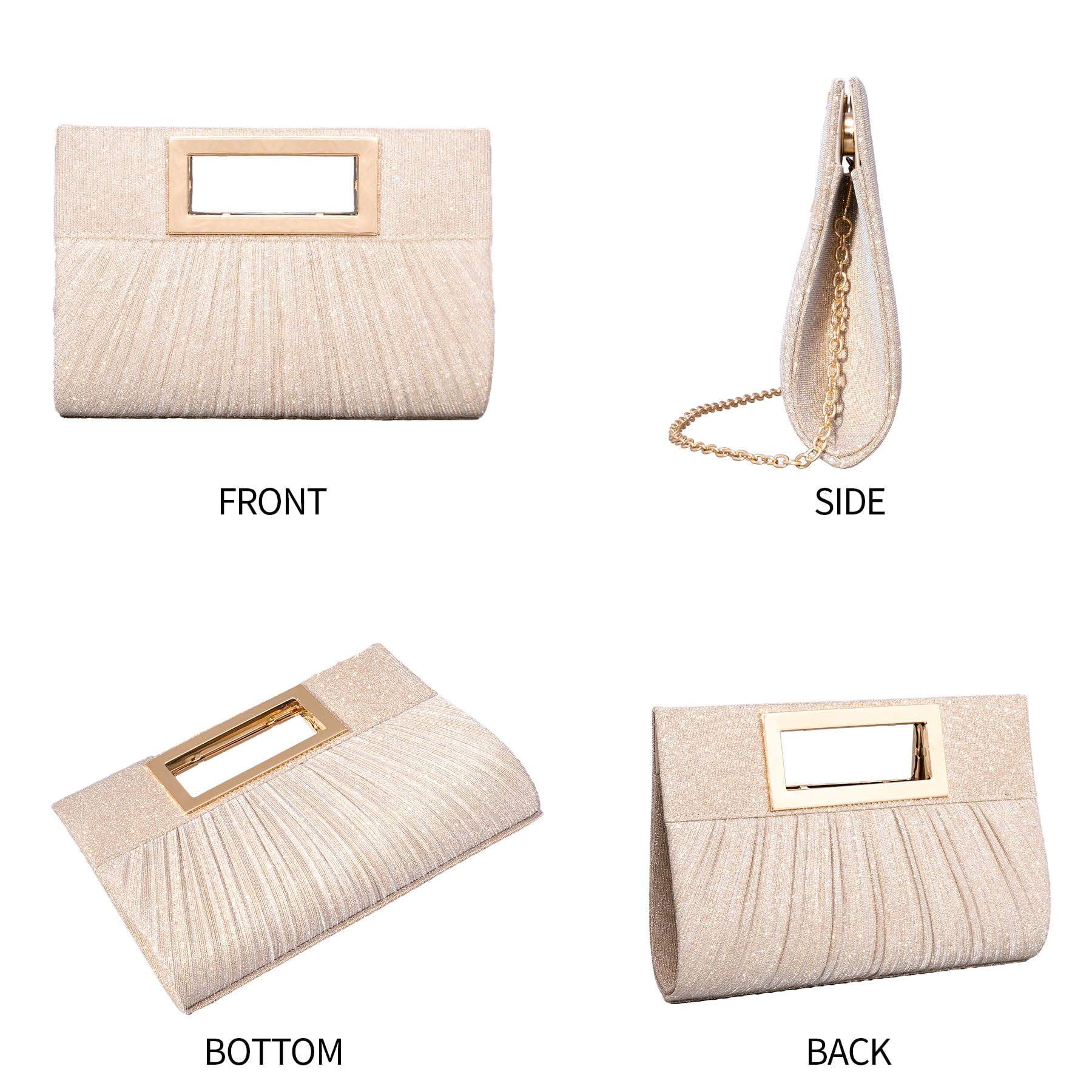 Larcenciel Bolso Clutch Mujer Champán, Bolsos de Fiesta de Plisado con Asa Superior y Cadena, Mujer Bandolera de Moda con Lentejuelas, Cartera de Mano Elegantes para Fiesta Boda Ceremonia, 24x4x17CM