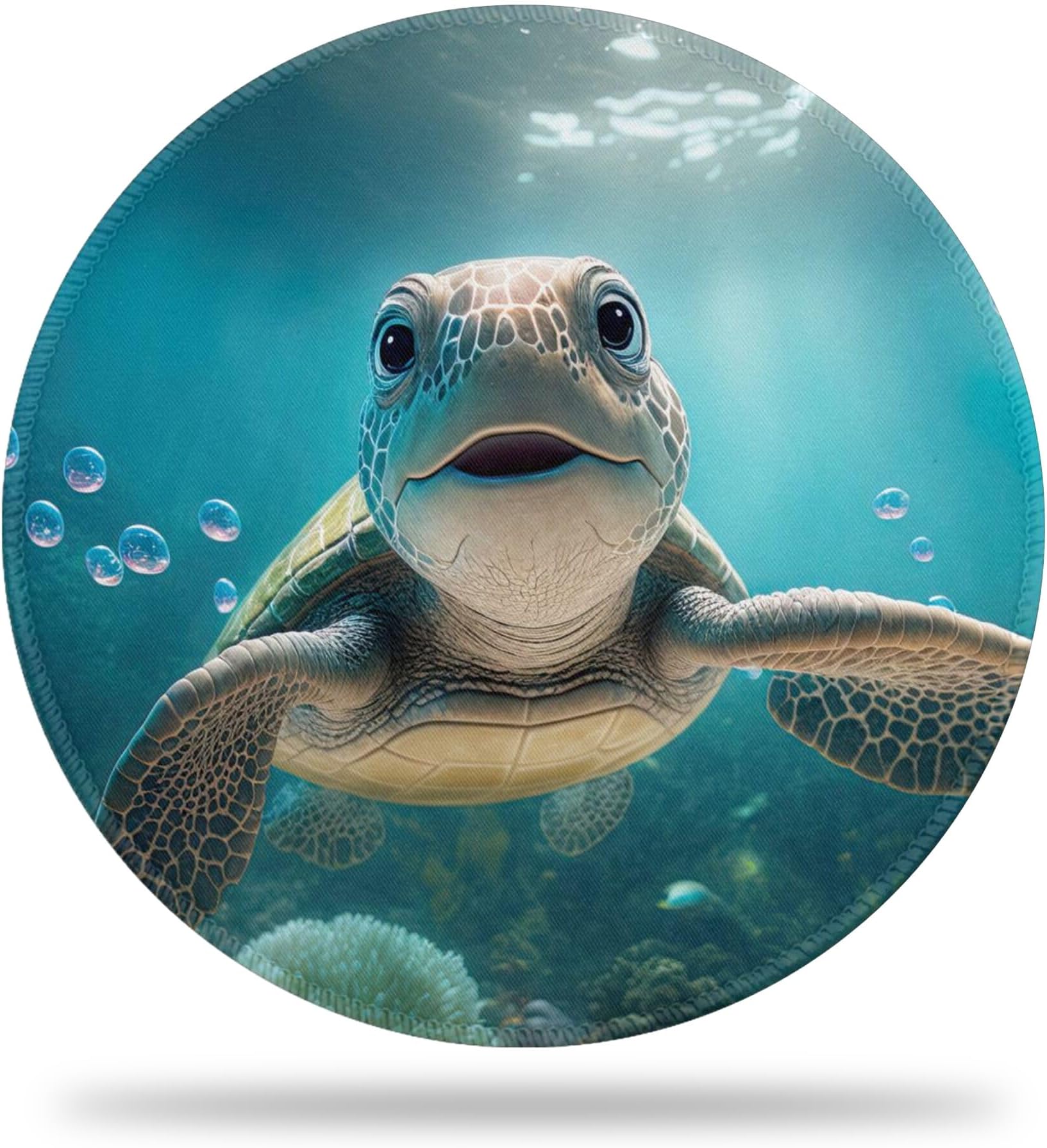 Mouse Pad, Cute Sea Turtle Round Desk Mat, 8.8" Sea Turtle in Ocean Round Gaming Mouse Pad with Non-Slip Base and Stitched Edge, Round Computer Keyboard Mouse Mat for Home Office Work,0.12" Thick