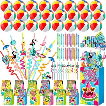 Pool Party Favors and Beach Party Favors - 120 PCS Party Bag Stuffers Including Beach Balls, Summer Theme Straws, Bubble Wands, and more for Beach Pool Party Favors, Birthday Party Supplies 4-8 8-12