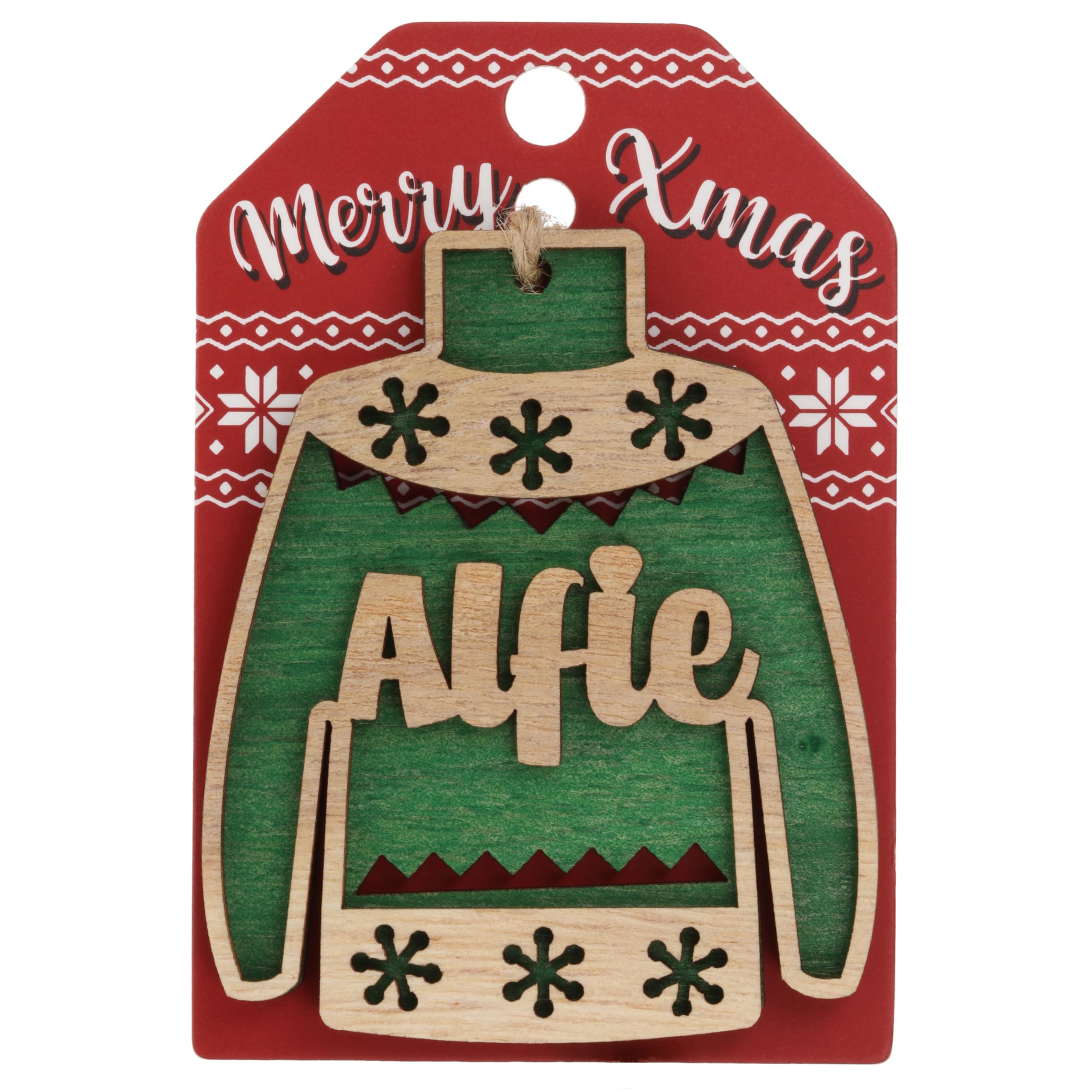 Alfie Name Christmas Jumper Wooden Tree Decoration Personalised Bauble Xmas Green