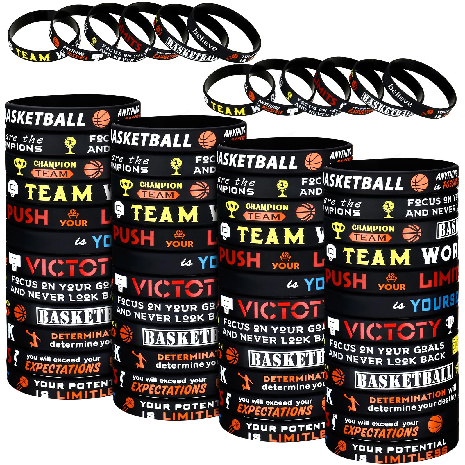 Zhanmai 48 Pieces Basketball Bracelets Silicone Motivational Wristbands, Silicone Inspirational Bracelets Basketball Party Favors for Men Women Sports Birthday Sports Themed Class of 2025 Gifts Party