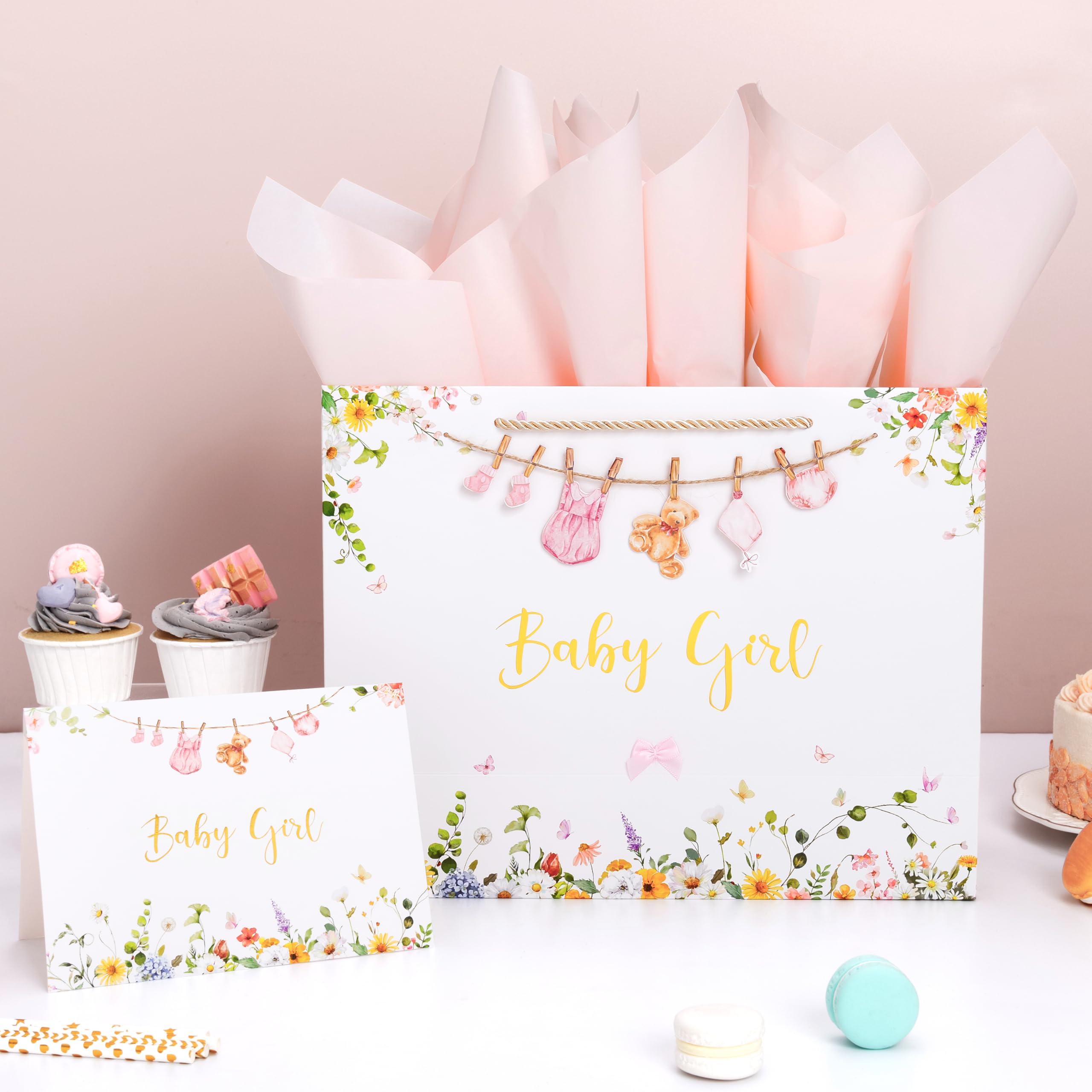 Crisky 13" Large Baby Shower Gift Bag with Tissue Paper, Gift Card and Bow for Baby Shower Decorations for Girl Kids Birthday Gifts(Features a Babysuit Banner and Pink Bow)