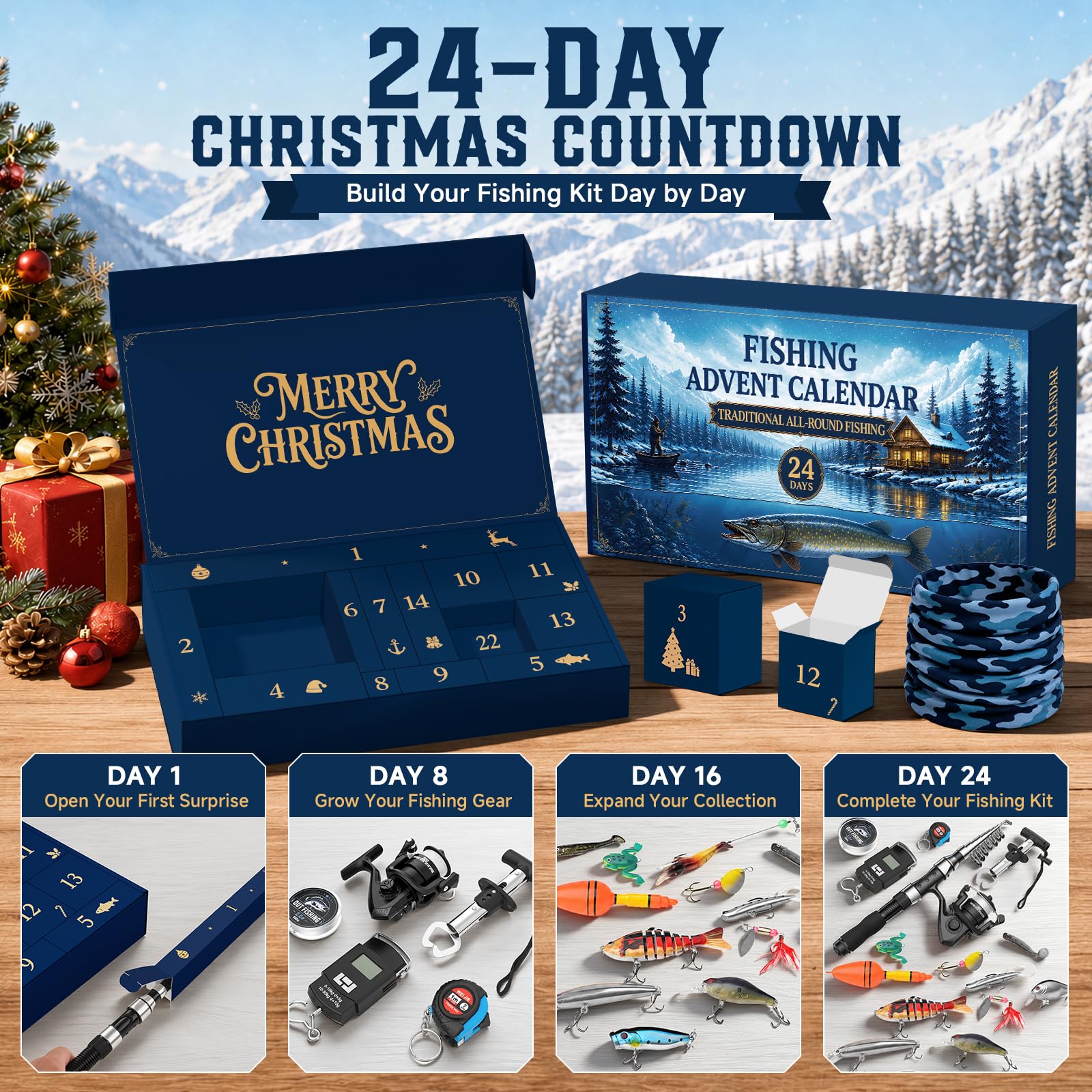 Angel Adventskalender 2026 Männer Teenager Junge, 24 Tage Weihnachtskalender Angeln mit Angelrute Rolle Köder Angelzubehör, Angelkalender Angelset Weihnachtsgeschenke für Angler Vater Opa Sohn