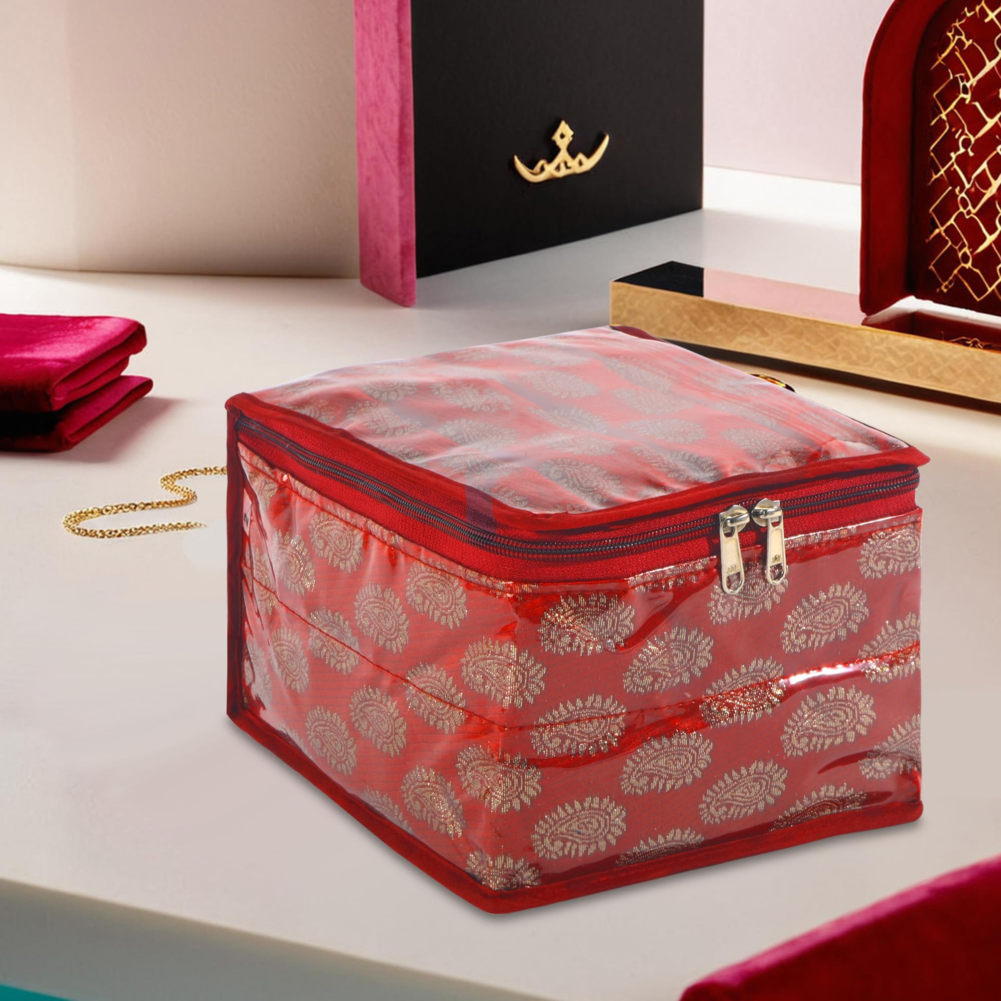 Kuber Industries PVC Small Makeup Pouch Bag with 10 Transparents Compartment | Jewellery Organisers Pouch for Storage Earrings, Rings and Bracelet | Jama Design - Maroon