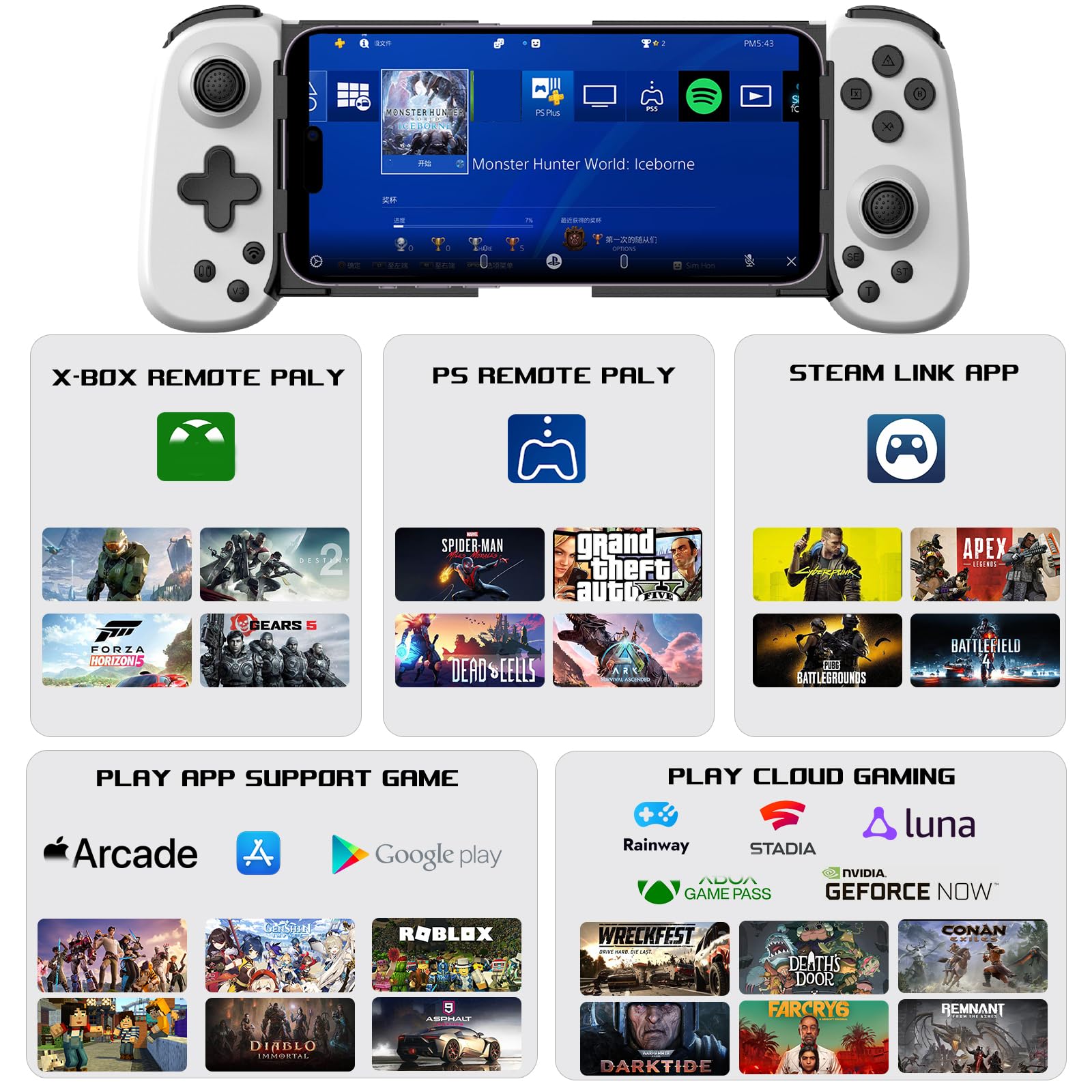 arVin Controller da gioco mobile per iPhone Android con supporto per telefono e luce verde, gamepad wireless per iOS/Samsung/Tablet/Switch/PS4/PC, Xbox Cloud Gaming/PS Remote Play/Steam Link per