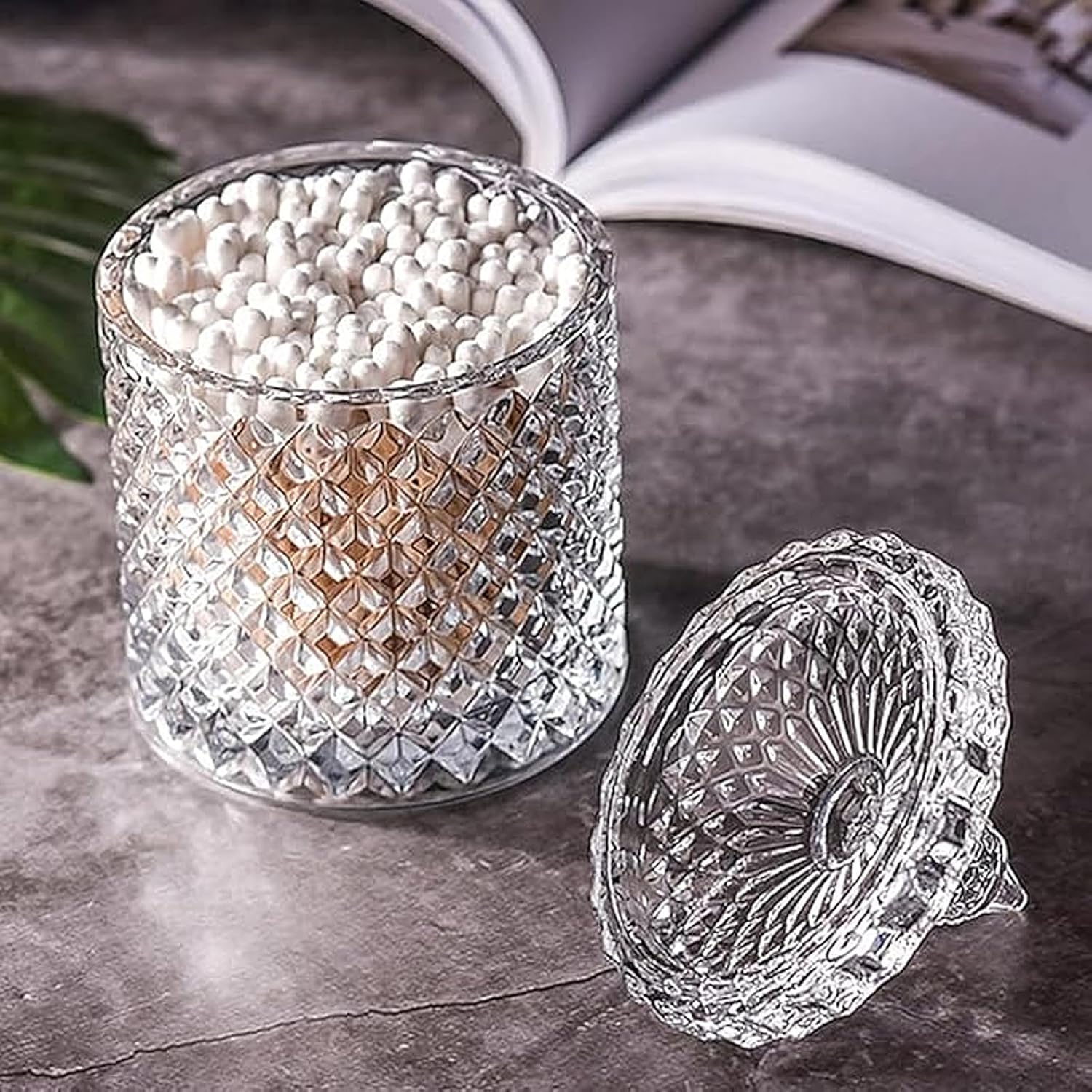 Qtip holder for bathroom Cotton swab holder Floss-Small Clear Glass Canister Apothecary Jar Qtips dispenser pad container Round