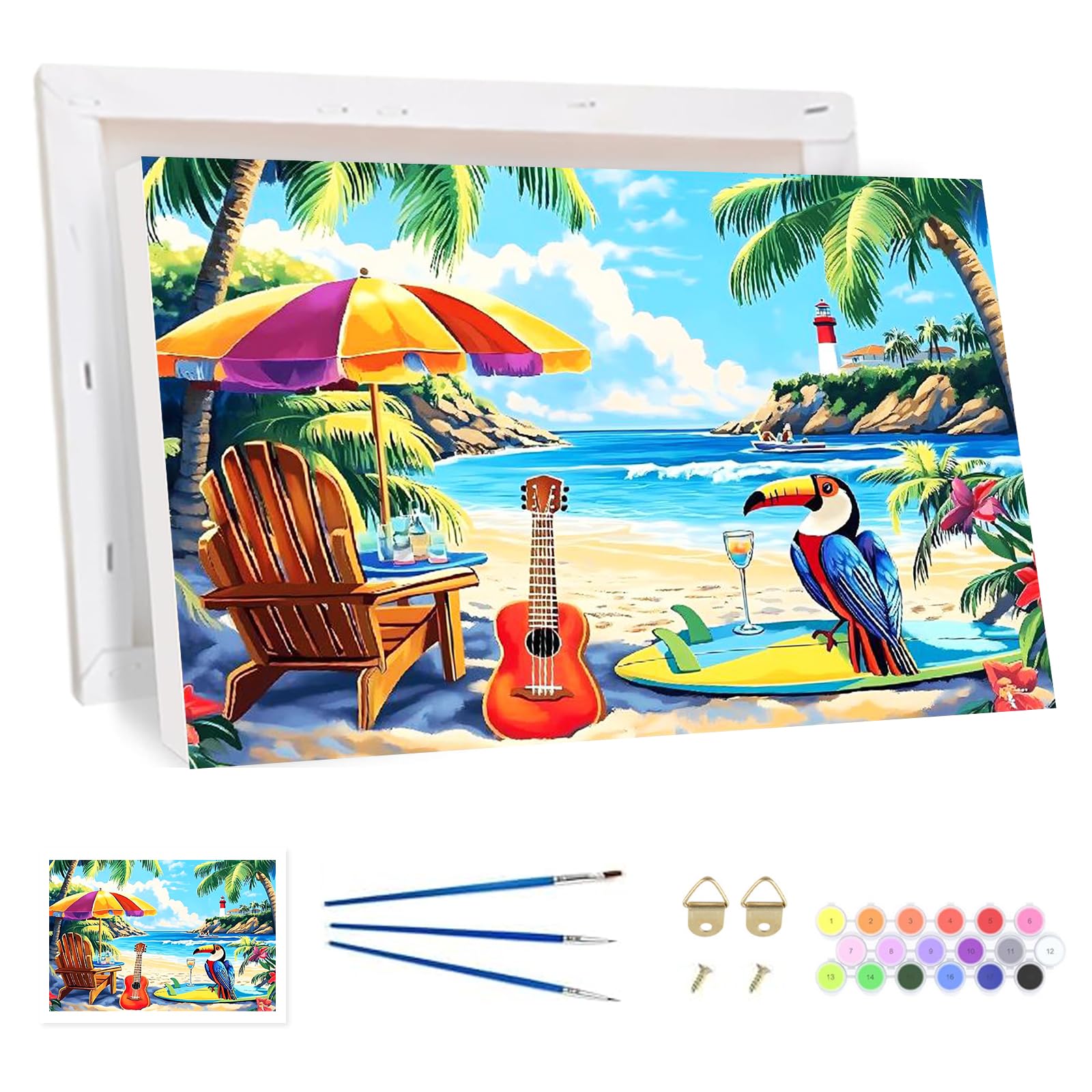 Bowetile Framed Beach Paint by Numbers for Adults, Guitar Painting by Numbers Kit for Adults Beginners Canvas Kit, DIY Color Oil Painting Acrylic Paints for Home Wall Decor 20x30cm