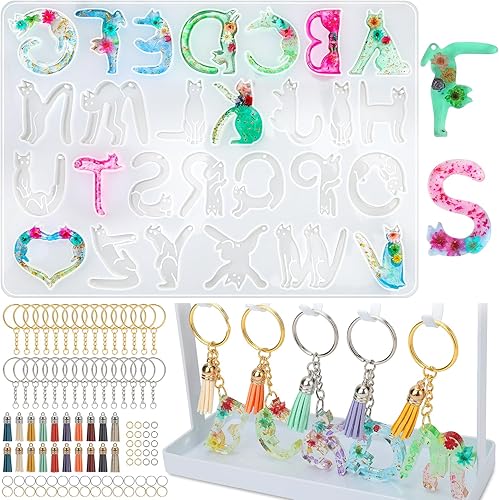 Moldes de resina para llavero del alfabeto con agujero, lindos moldes de silicona con forma de gato para epoxi, moldes de resina del alfabeto