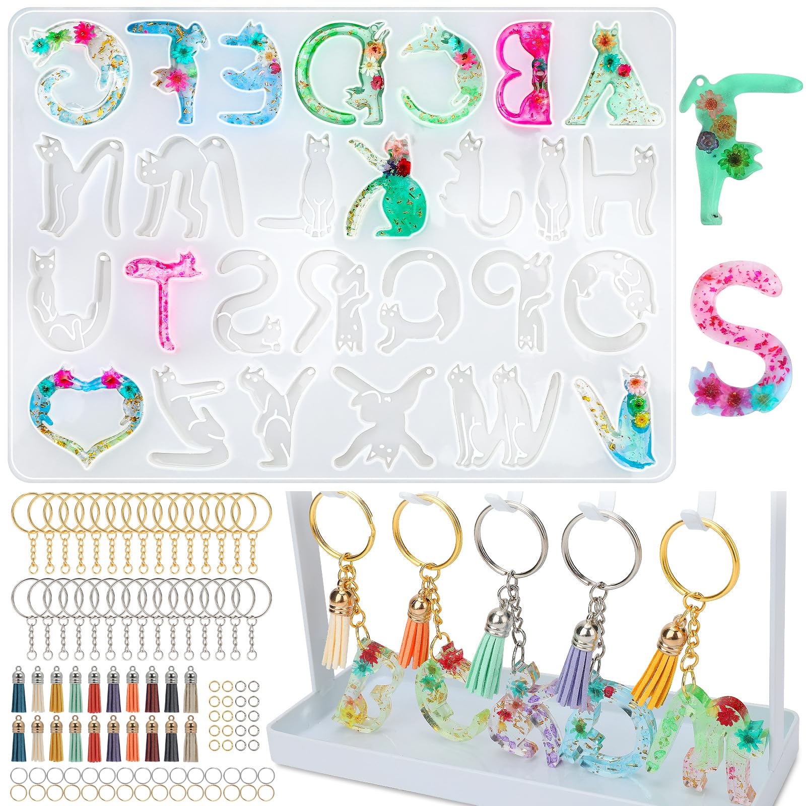 Resin Alphabet Keychain Molds with Hole, Cute Cat Shape Letter Silicone