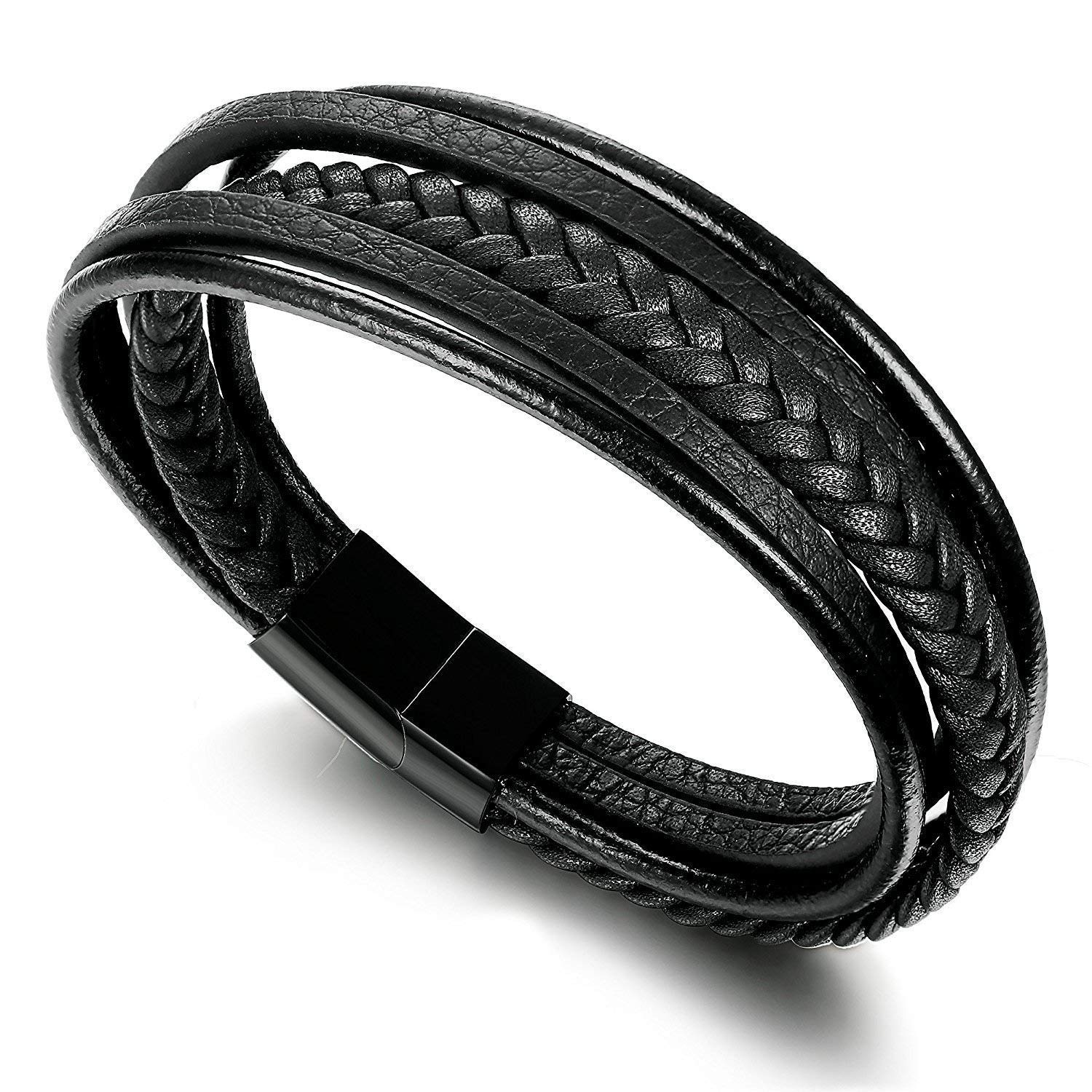 PU Leather Braided Multi-Layer Bracelet with Magnetic-Clasp (Black)