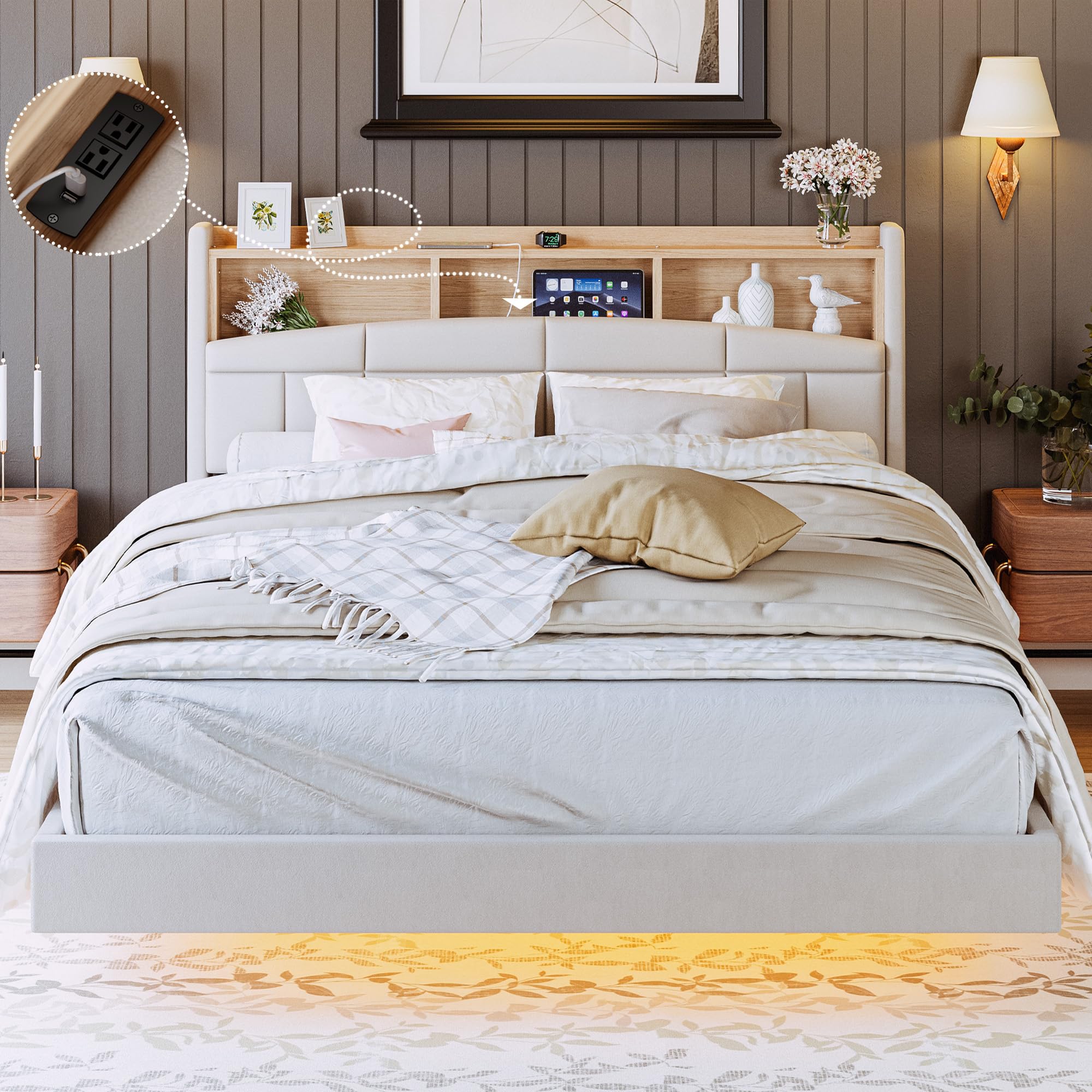 ANCTOR Full Size Floating Bed Frame, Tall Bookcase Headboard with Charging Station, Solid Wood Slats Support, No Box Spring Needed, Easy to Assemble