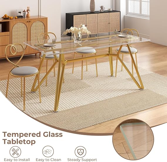 Rovibek 71 Modern Rectangular Dining Table for 6 Clear Tempered Glass Top Dinning Table with Gold Metal Legs, Includes Table Runner Ideal for Dining Room, Kitchen, Living Room