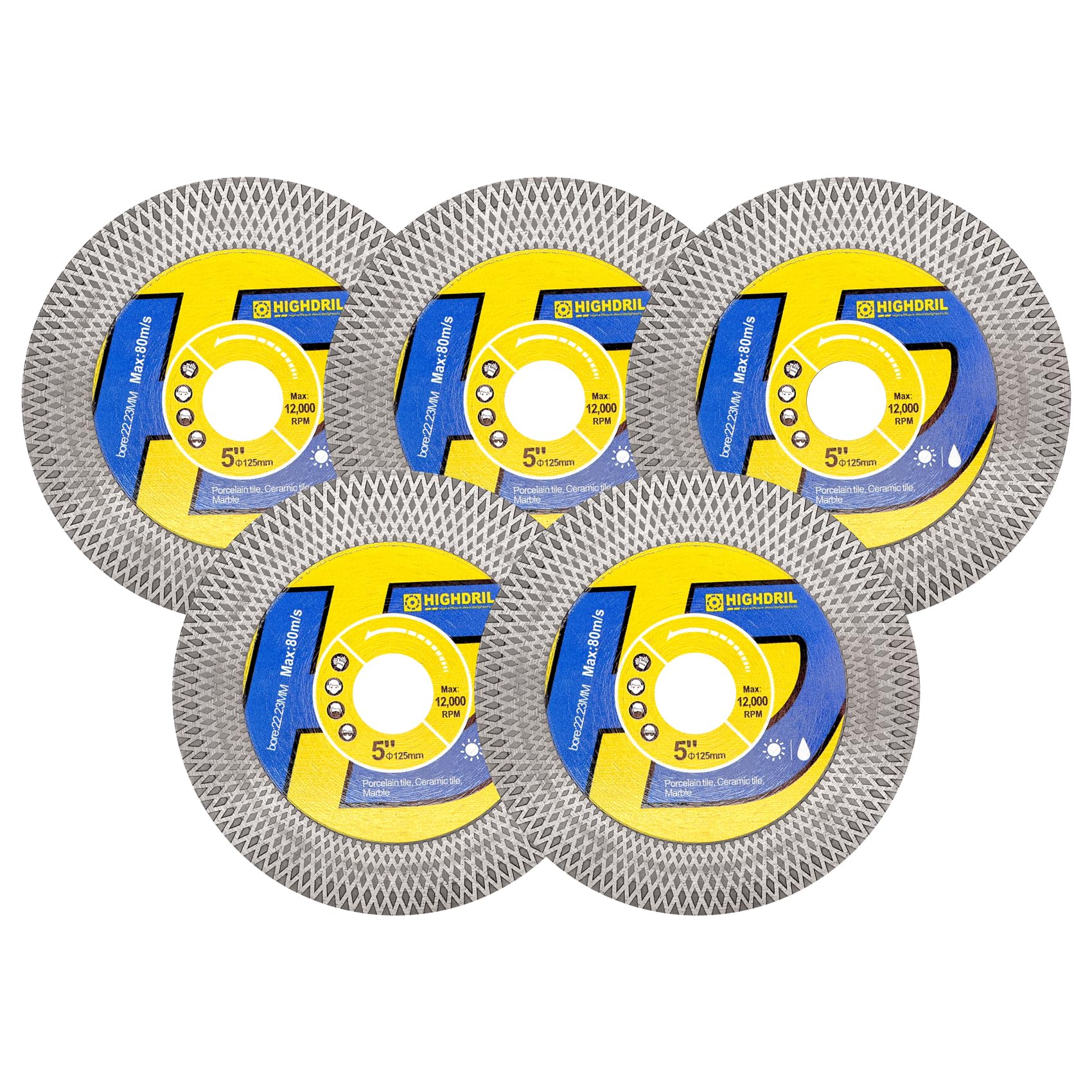 HIGHDRIL Tarcza diamentowa do płytek, 5 szt. tarcza tnąca 125 mm do cięcia na sucho/mokro i szlifowania porcelany, granitu, marmuru, ceramiki, sztucznego kamienia
