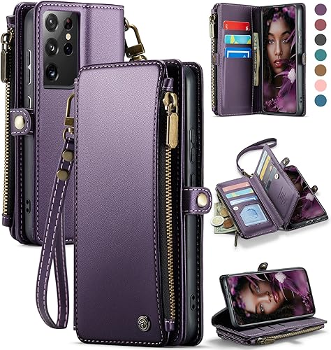 Defencase Funda compatible con Samsung Galaxy S21 Ultra con tarjetero de bloqueo RFID para mujeres y hombres, de piel sintética, magnética, con