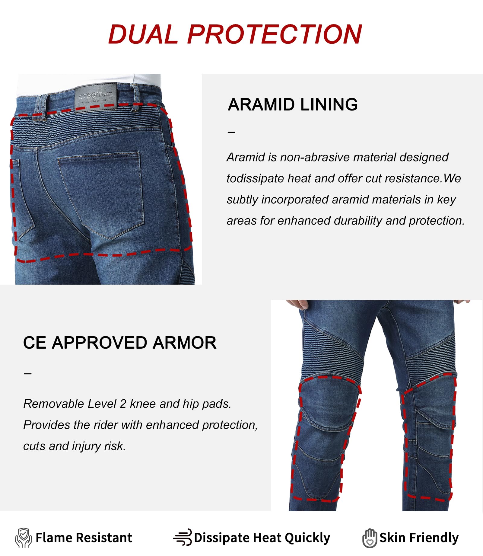 CTBQiTom Vaqueros de Moto para Hombre con Fibra de aramida y protección CE, Tejido Vaquero elástico para Mayor Comodidad
