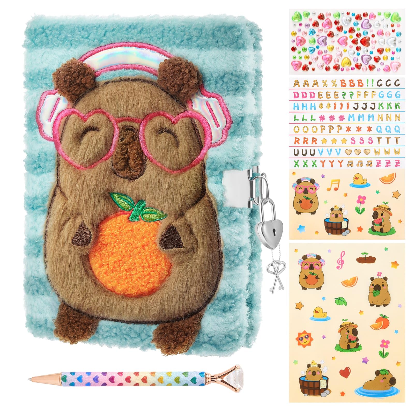 WERNNSAI Capybara Plush Diary Set for Children with Pen and Stickers