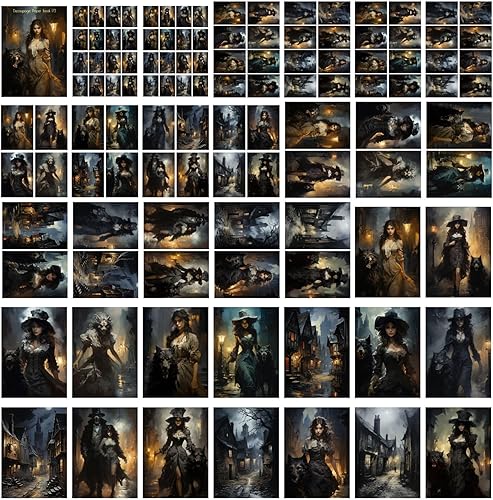 Miniatura 4 de Decoupage - Paquete de papel (35 hojas de 6 x 8 pulgadas), hermosa extraña chica lobo con lobo aterrador FLONZ Halloween Vintage Ilustración