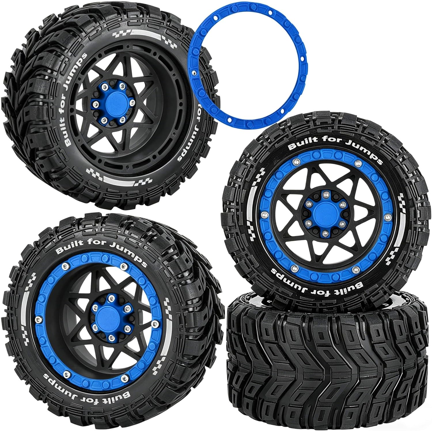 RC Truck Wheel and Tires for 1/16 Summit E-REVO Gorgon GROM MINI KRATON M-J-X H-B-X S-C-Y RC Car,Monster Truck Car Wheel Tires w/Plastic Wheels Rim,Soft Tire Highway Wheels,Black Navy Blue