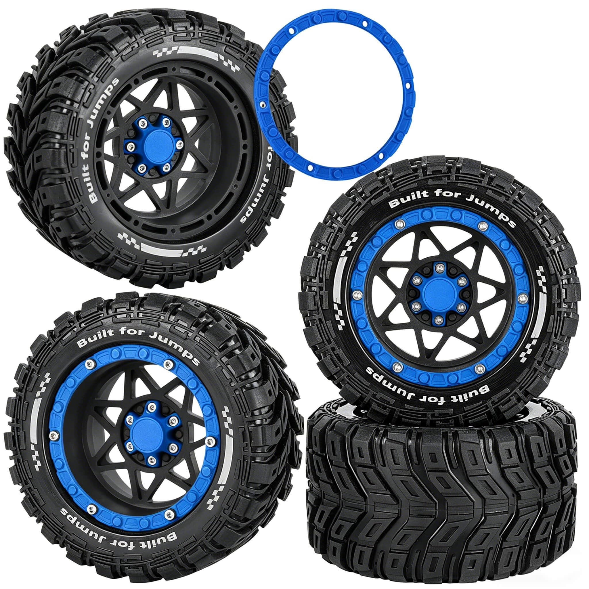 RCMYou RC Truck Wheel and Tires for 1/16 Summit E-REVO Gorgon GROM MINI KRATON M-J-X H-B-X S-C-Y RC Car,Monster Truck Car Wheel Tires w/Plastic Wheels Rim,Soft Tire Highway Wheels,Black Navy Blue