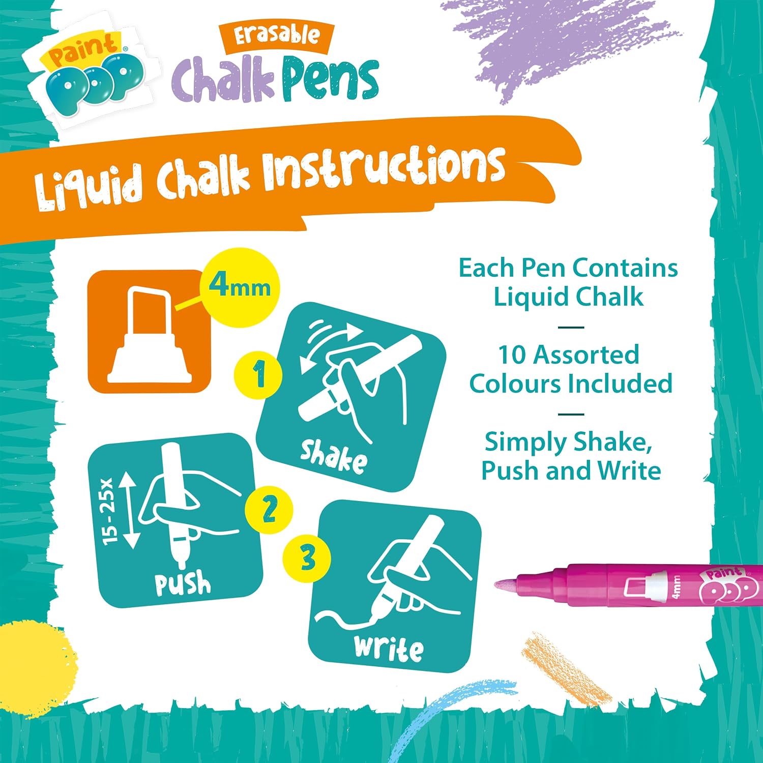Paint Pop - Erasable Chalk Pens For Kids - 10 Assorted Smooth Liquid Colours - For Fun Outdoor Play & Creative Chalk Projects - Use on Non-Porous Surfaces, Dust & Mess Free, Quick Drying - 3+ Years