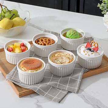 MALACASA Ramekins 8 oz Oven Safe, Porcelain Creme Brulee Ramekins Pudding Custard Cups Ceramic Souffle Dishes Ramakan Ramiken Ramicans Baking Bowls Set of 6, White, Series RAMEKIN-DISH