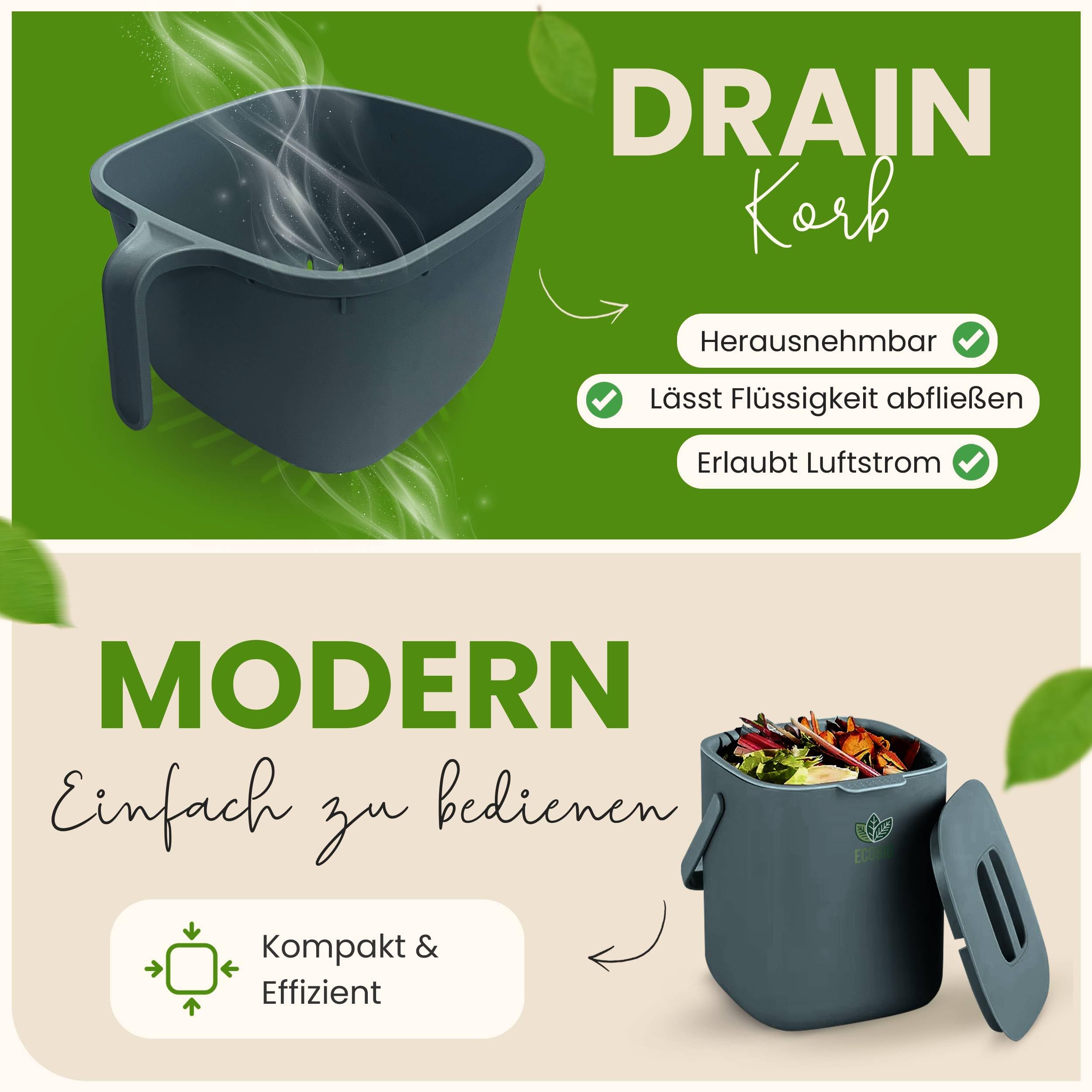 EcoBio Biologische afvalemmer voor de keuken, 7 liter, compostemmer met deksel en handvat, geurloos en vaatwasmachinebestendig, biologische afvalemmer met zeef, biologische afvalemmer voor afval