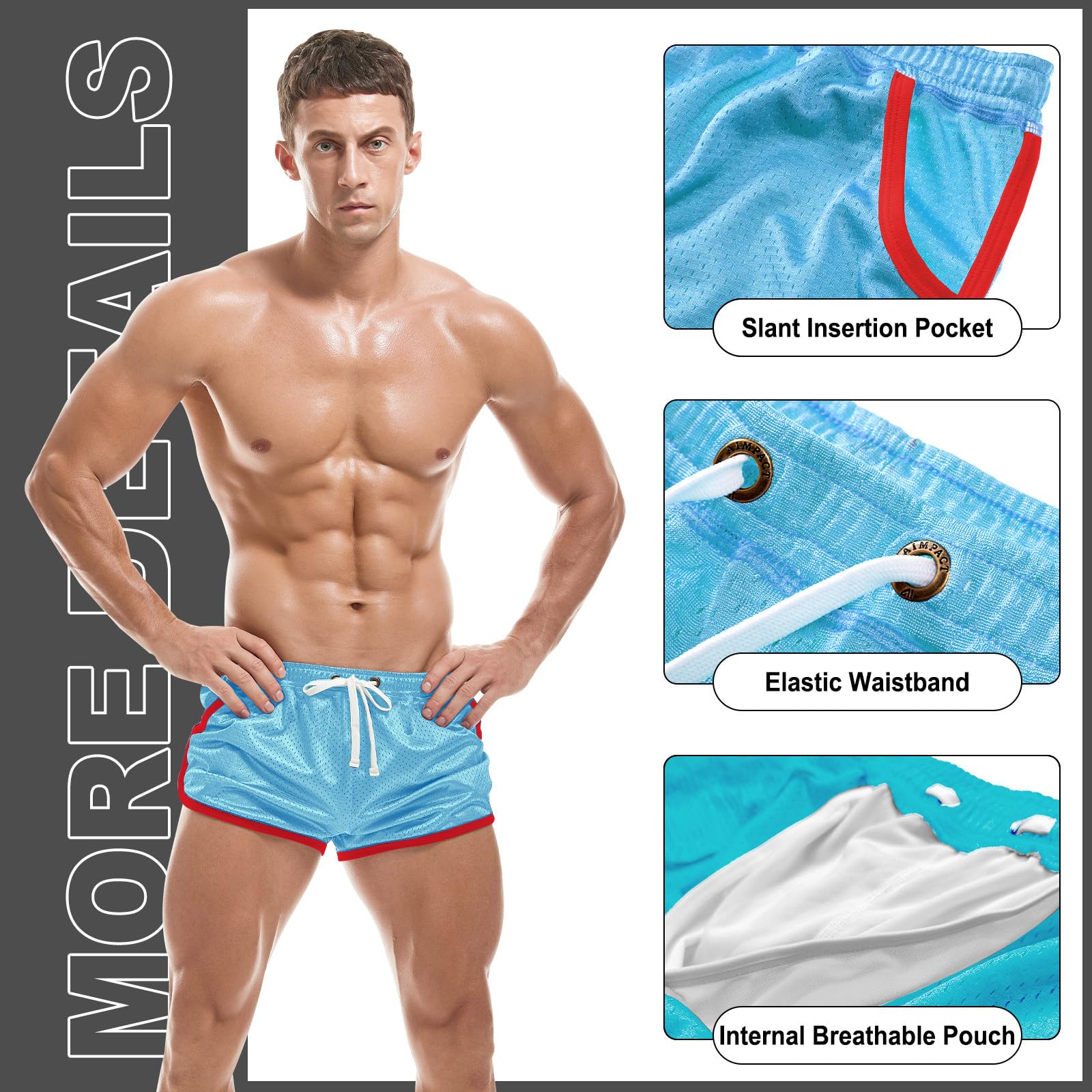 AIMPACT Pantalones cortos deportivos de malla de 3 pulgadas para hombre con | Ribete de contraste retro, cintura ajustable con cordón, material de malla transpirable, gimnasio, culturismo, tenis