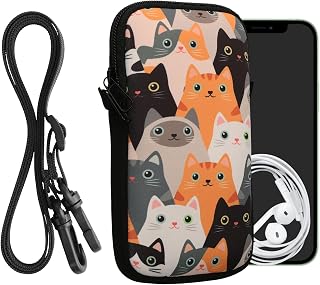 kwmobile Handytasche für Smartphones L - 6,5" - Neopren Handy Hülle Orange Schwarz Weiß - Handy Tasche mit Kette 16,5 x 8,9 cm Innenmaße - Katzen