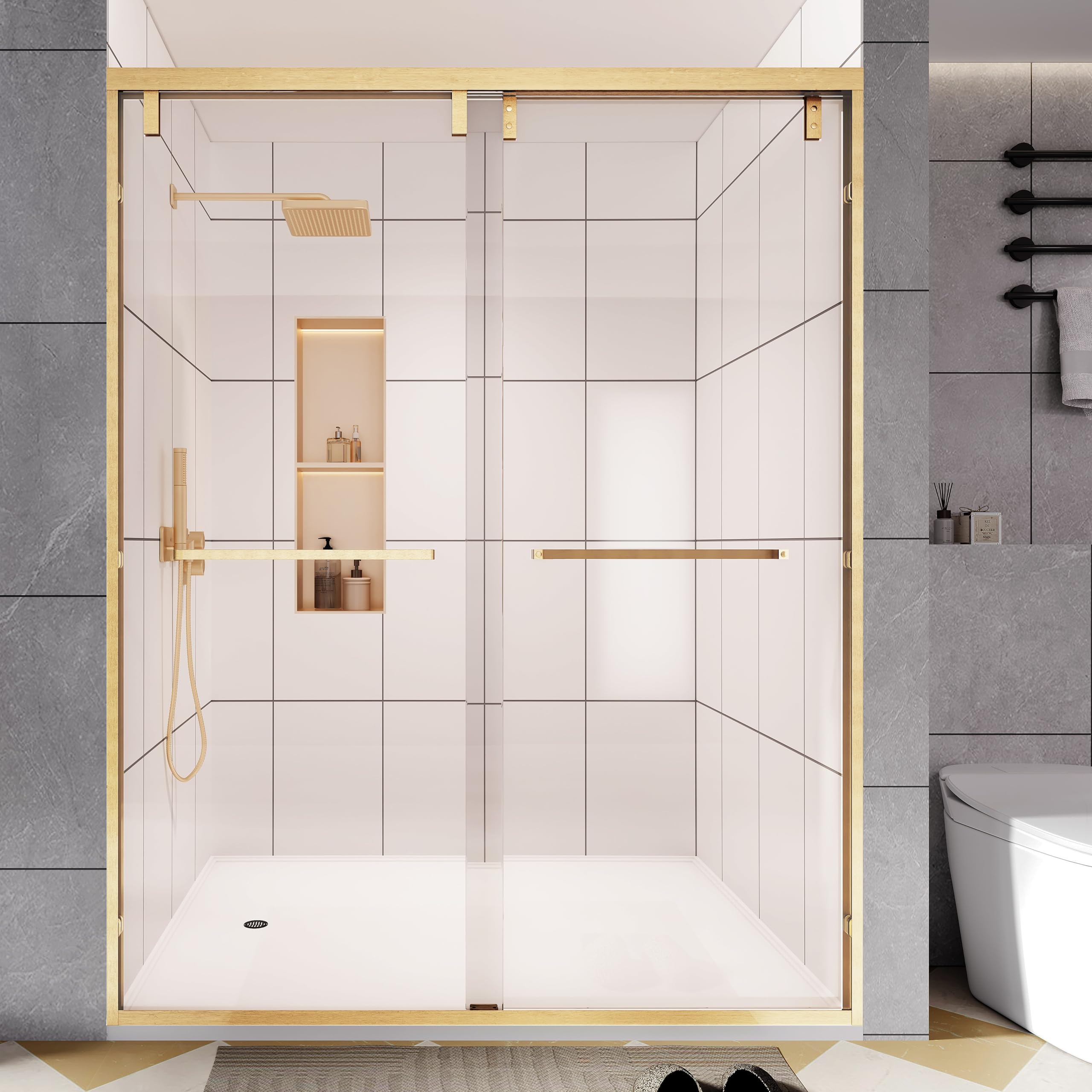 Photo 1 of 55-60" W x 76" H Shower Door, Double Sliding Shower Door 1/4" (6mm) SGCC Certified Glass Shower Door, Easy-Clean Bathroom Door, Walk-in Shower, Brushed Gold