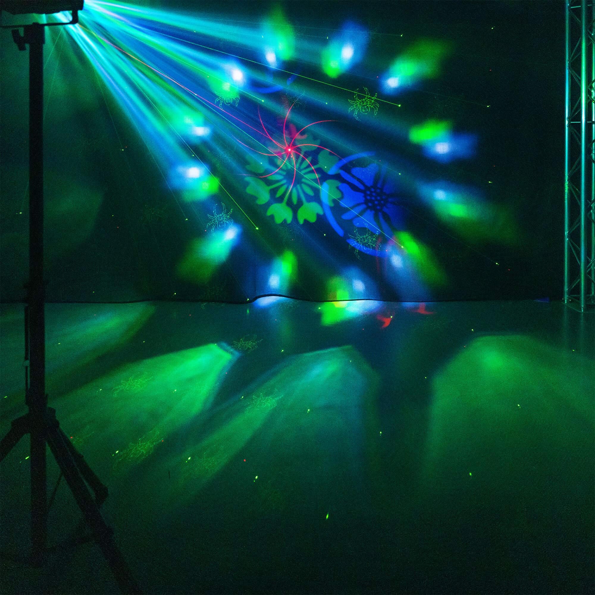 Fuzzix Stellar2 LED Discolicht Partylicht | 5-in-1 Lichtorgel Musikgesteuert LED mit RGBW Gobos, Bee-Eye Effekt & Doppel-Stroboskop | Disco Licht mit DMX Steuerung, Fernbedienung & Montagebügel