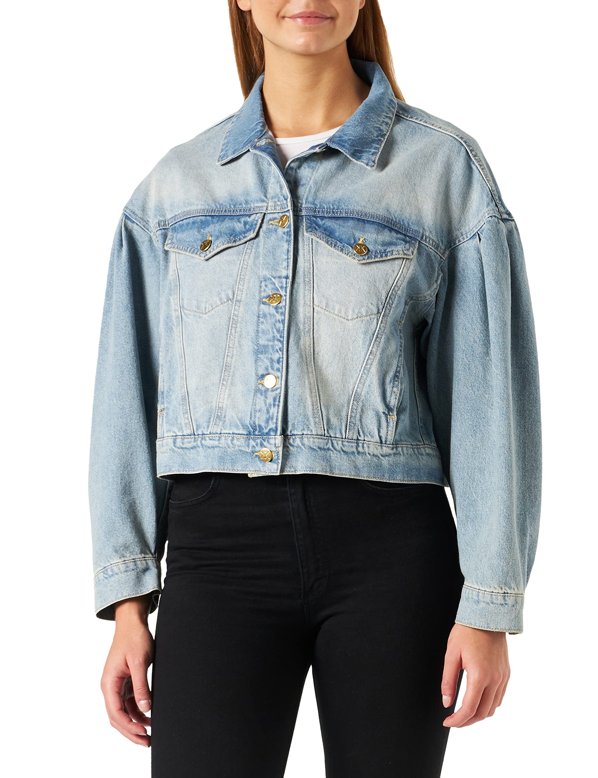 KENDALL & KYLIE Women's K&K W Balloon Sleeve Cropped Denim Jacket KKW3716106, Dark WASH, L, L