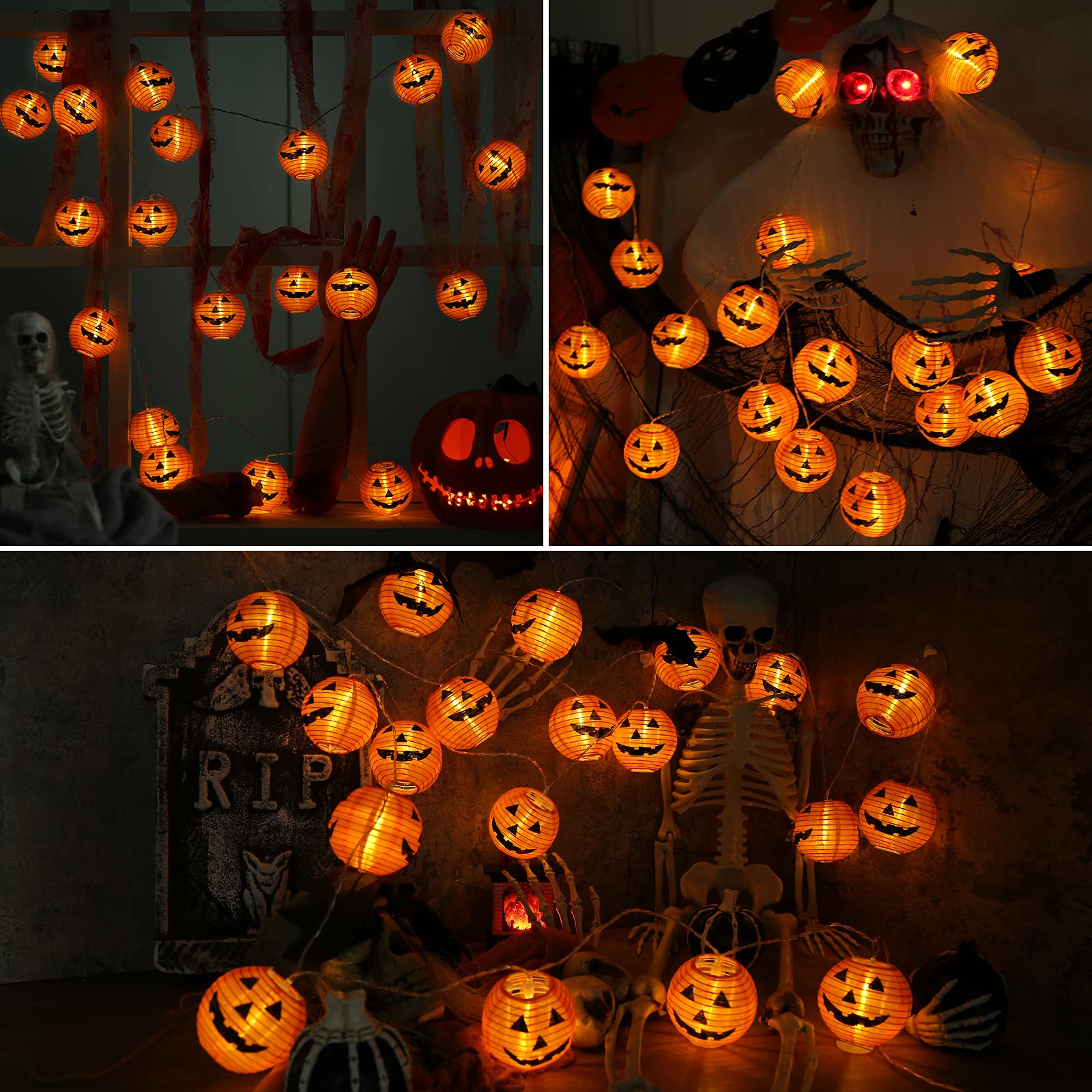 Qedertek Halloween Decorazione con Luce Arancio, 20 Lanterna con Figura di Zucca, Catena Luminosa a Batteria per Halloween, Luci Halloween per Decorazione Interno ed Esterno, Giardino, Albero, Festa