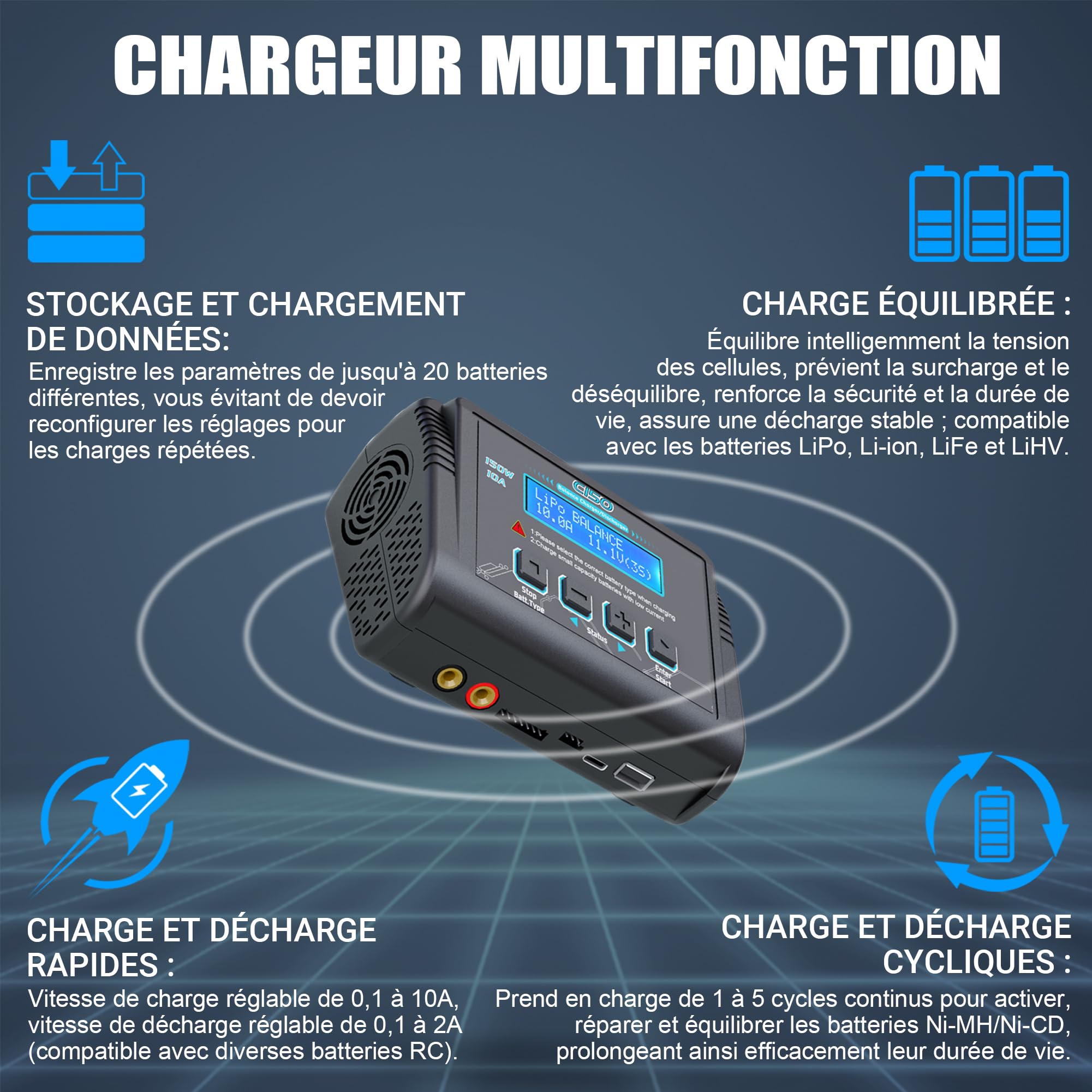 HTRC C150 Chargeur Lipo 150W 10A – Chargeur Batterie Lipo et Équilibreur pour LiHV/LiPo/Li-ION/Life (1-6S), NiMH/NiCd (1-15S), PB (2-20V) – Entrée AC/DC, Écran LCD, 20 Mémoires