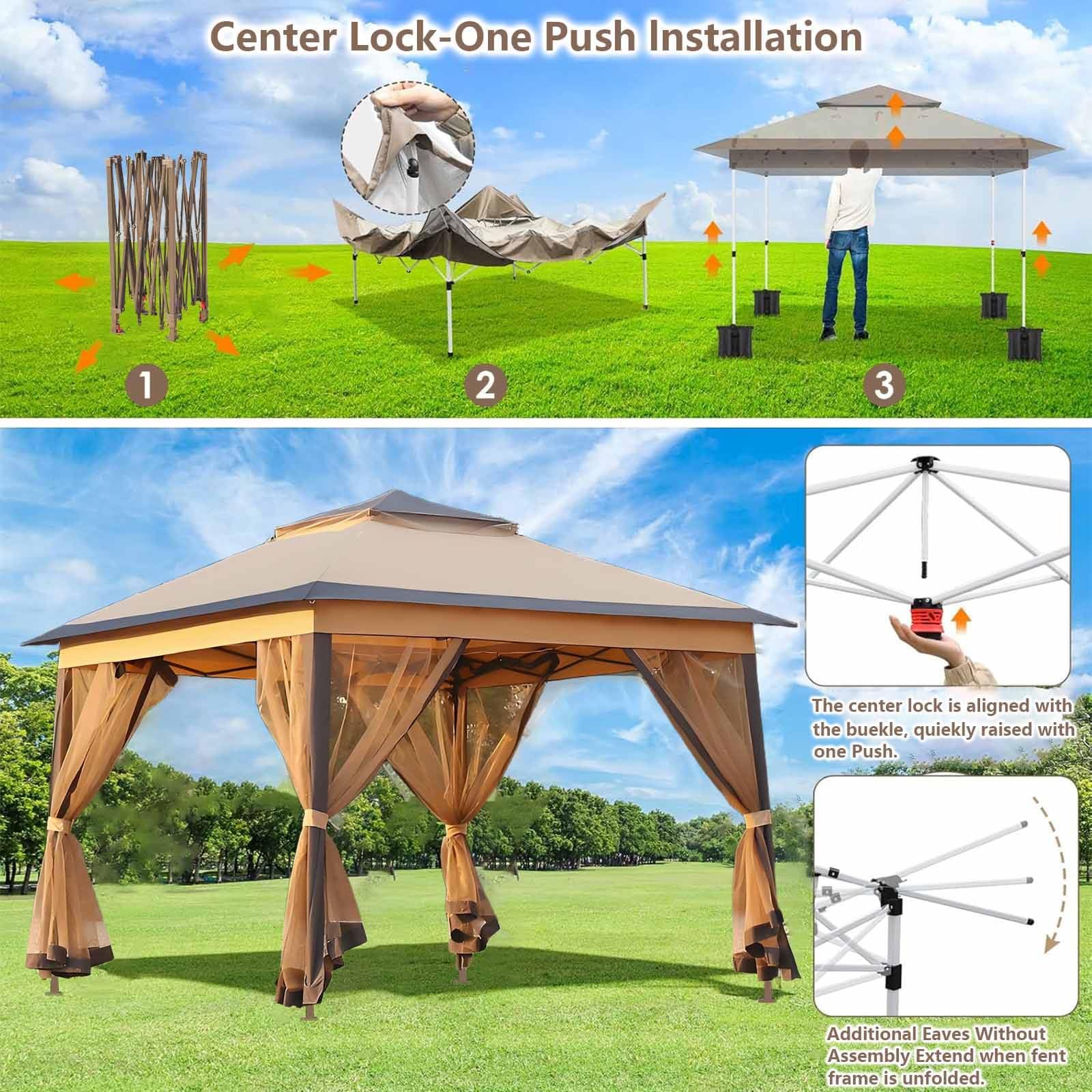 Gazebo da giardino 3,3x3,3 m, padiglione per esterni resistente con tetto a due livelli e pareti laterali in rete, struttura in metallo, per patio, cortile, feste,Gray-3cmlegs