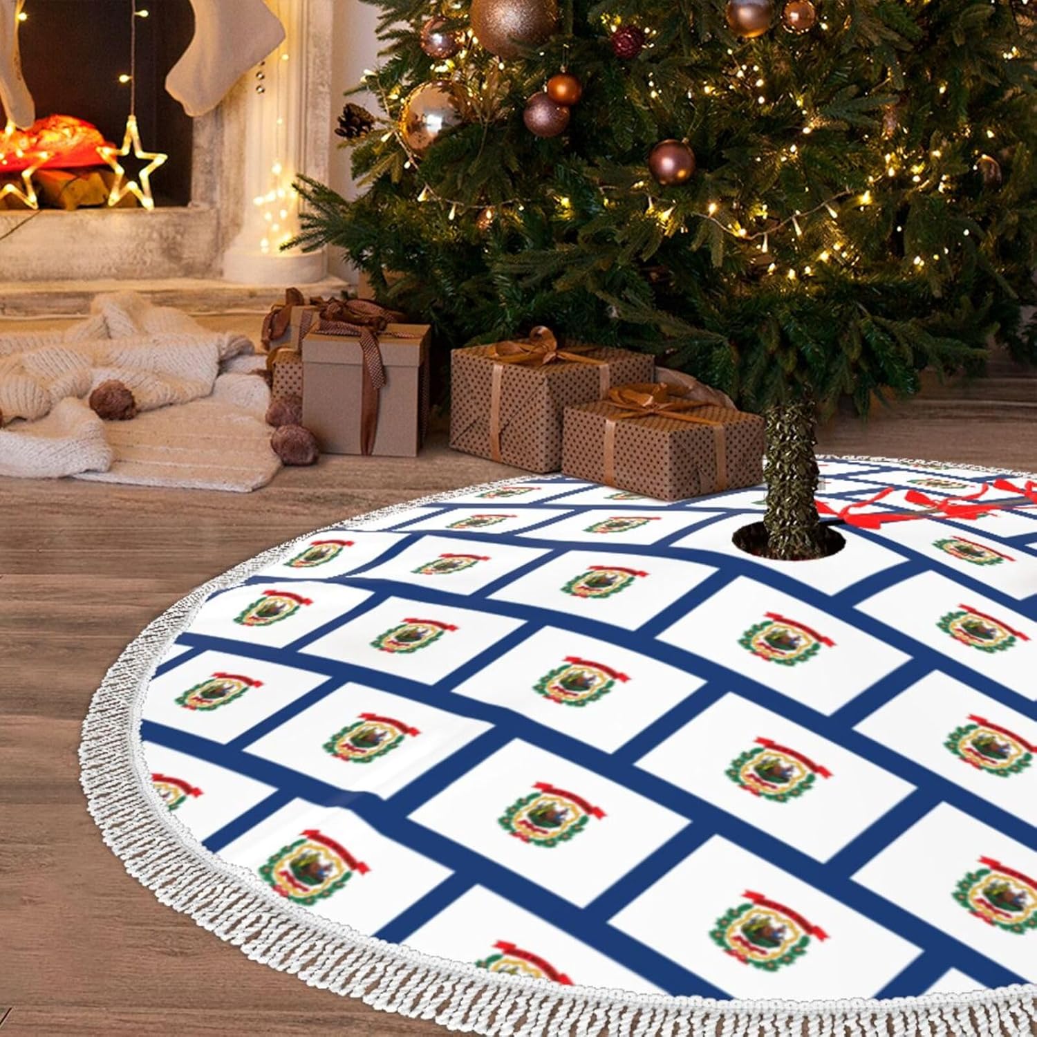 West Virginia State Flag Fringe Lace Christmas Tree Skirt 36 Inch, Xmas Tree Skirts for Christmas Tree Mat Decorations