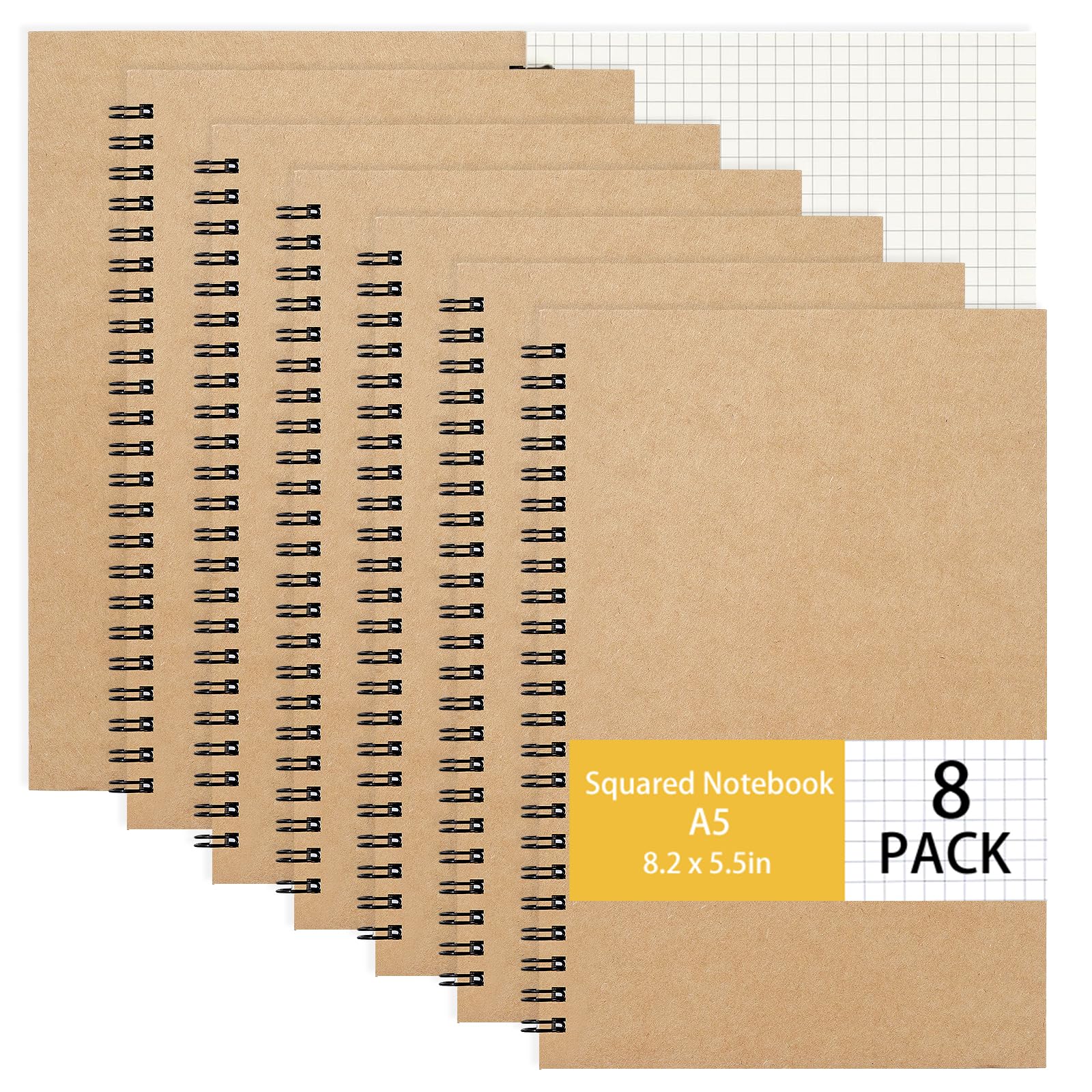 Yoosso 8 Packs A5 Squared Notebook, Grid Notebooks Kraft Cover Graph Paper 8.2 x 5.5in Graph Grid Notebook Wirebound Journal for Writing Drawing, and Organising(100 Pages/50 Sheets)