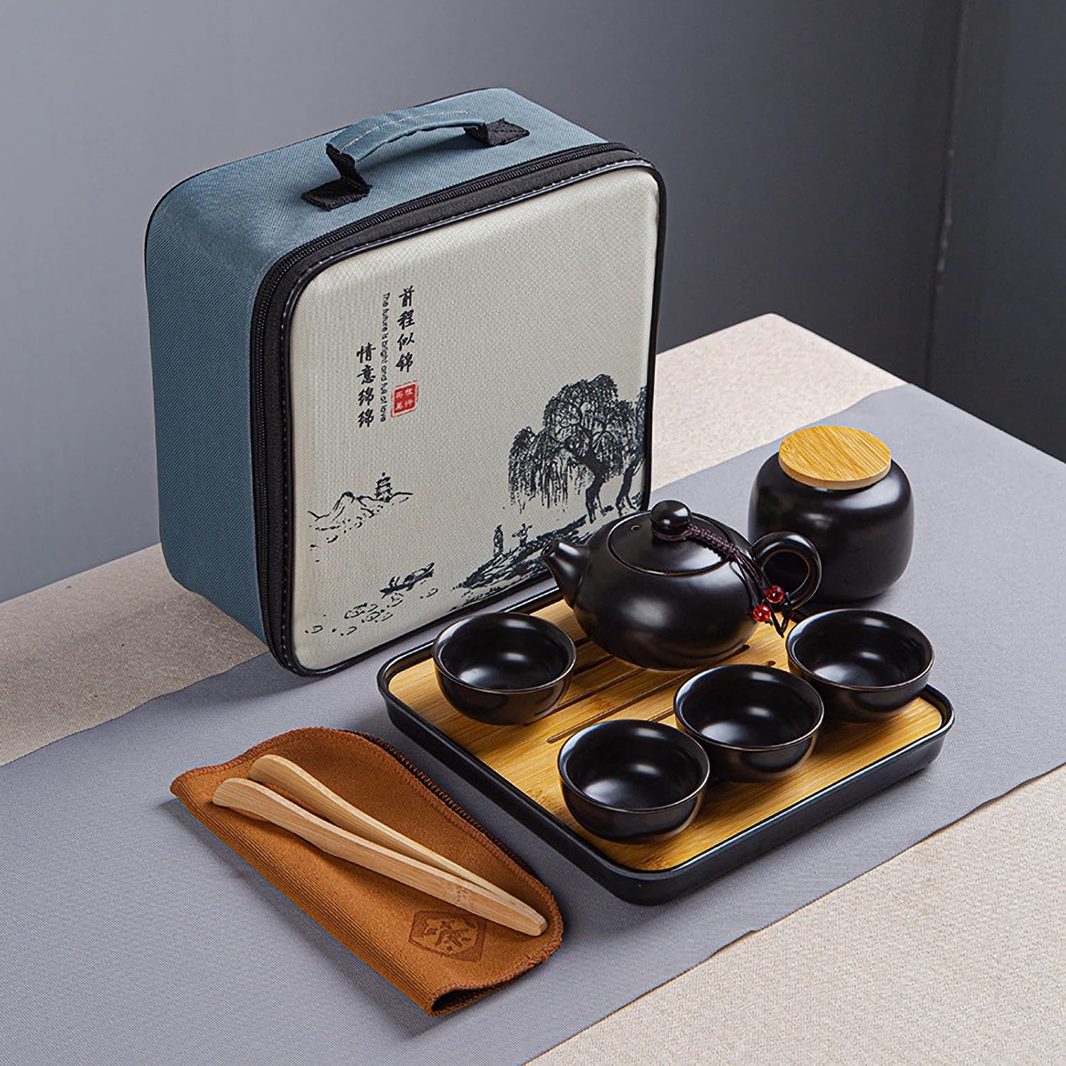 Set de tetera, servicio de té chino Kungfu, tetera de cerámica con 4 tazas y bandeja porta té, juego de viaje para té suelto, negro