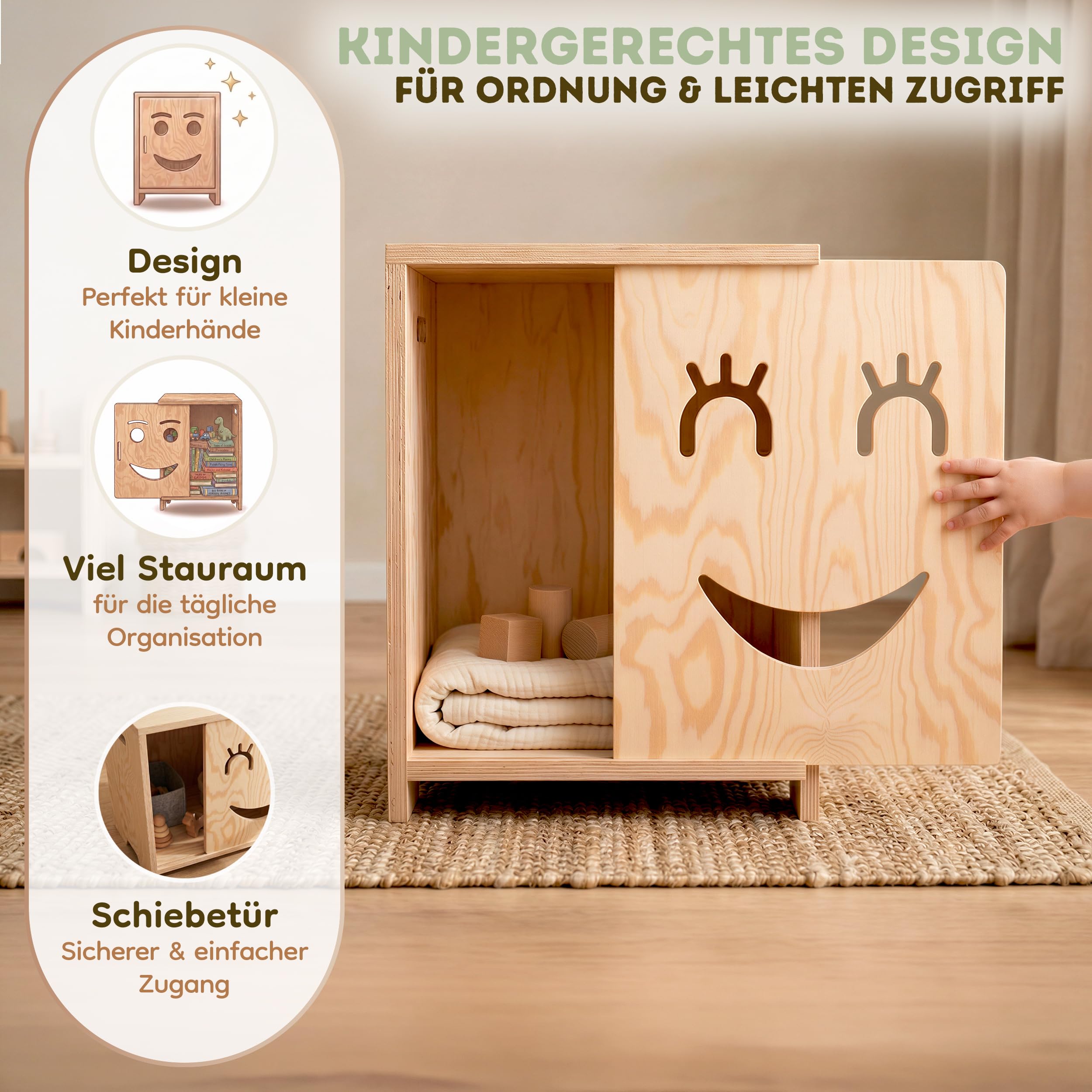 smartwood Nachttisch Kinderzimmer - Montessori Nachttisch aus FSC-zertifiziertem Kiefernholz - Kindgerechtes Design, stabile Konstruktion & einfache Montage - KAPI 3L