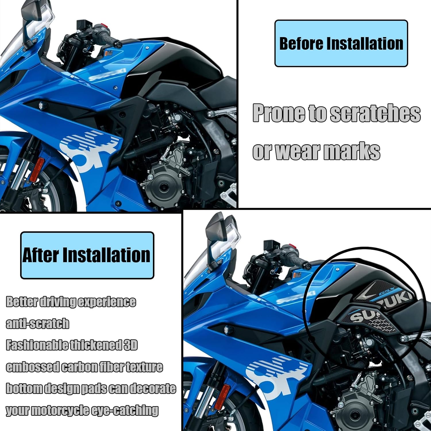FOR GSX-8R GSX-8S 2023-2024 Carbon fiber side fuel tank stickers waterproof pads rubber stickers 3D embossed rubber fuel tank pads fuel tank knee pads gsx-8r/8s motorcycle accessories (Blue)