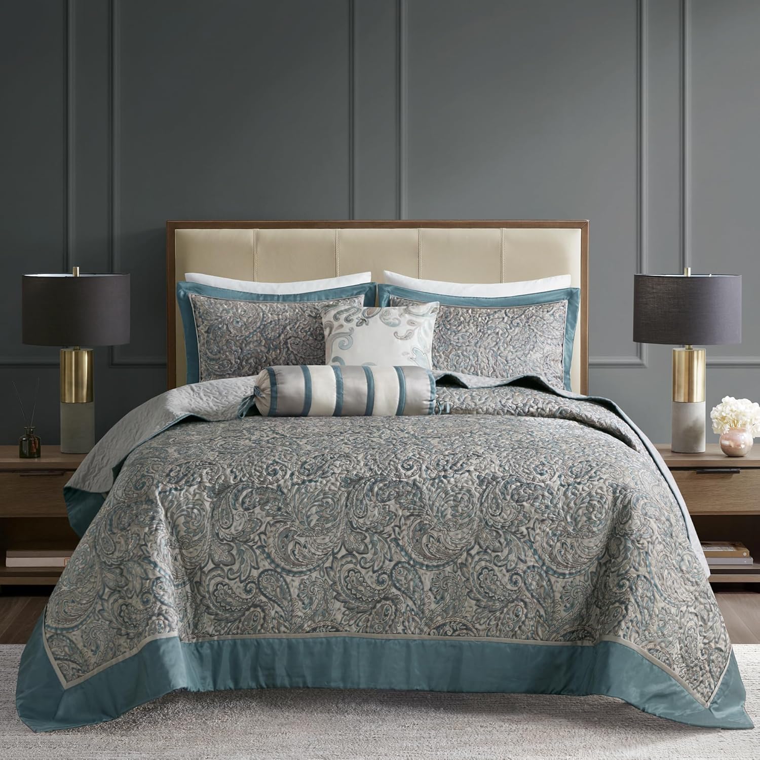 Madison Park Aubrey Reversible Quilted Bedspread Set, Solid Reverse Summer Breathable, Lightweight All Season Bedding Layer, Matching Shams, Bedspread King(120"x118") Teal 5 Piece Oversized King Teal