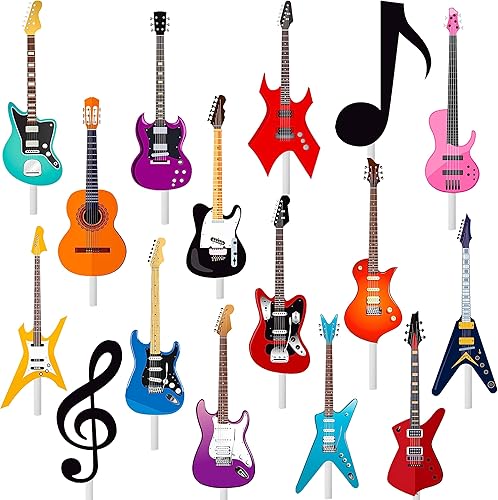 24 piezas de decoración de guitarra, para cupcakes, notas musicales, rock, cumpleaños, pasteles, decoraciones de fiesta para guitarrista,