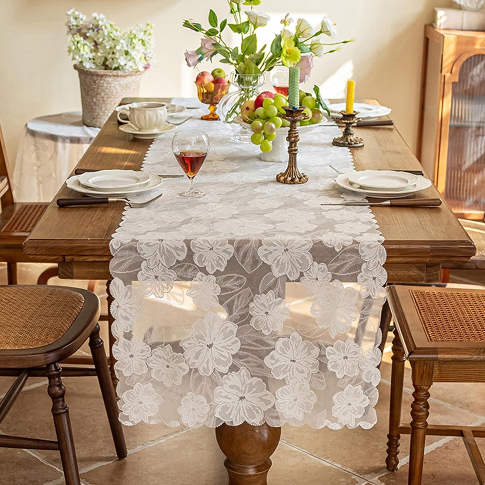 Tischläufer Polyester Landhausstil, Tischläufer Wohnzimmer 45x240 cm, Weiße Spitze mit Floraler Stickerei