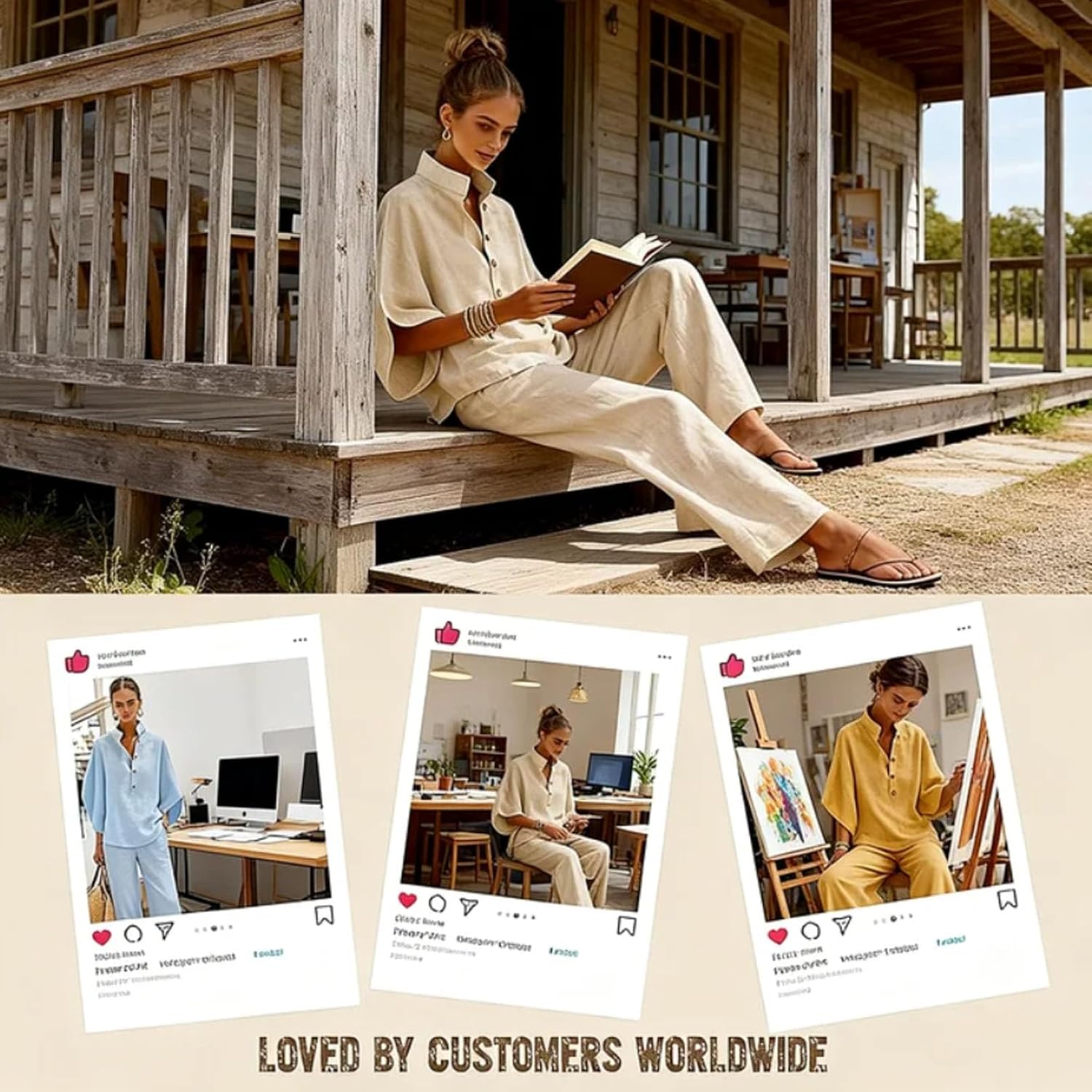 Women's Batwing Sleeve Linen Cotton Two-Piece Set, Casual Shirt & Wide Leg Pants Outfit, with Sunglasses