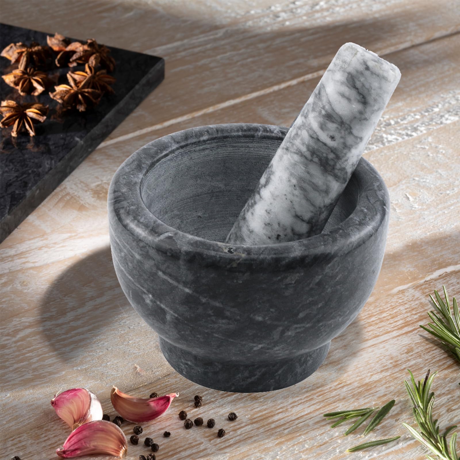 KUMGROT Set di mortaio e pestello in marmo grigio naturale smerigliatrice spezie in pietra lucidata Molcajete ciotola per spezie pesti cottura miscelazione erbe fagioli carne aglio, 15 cm