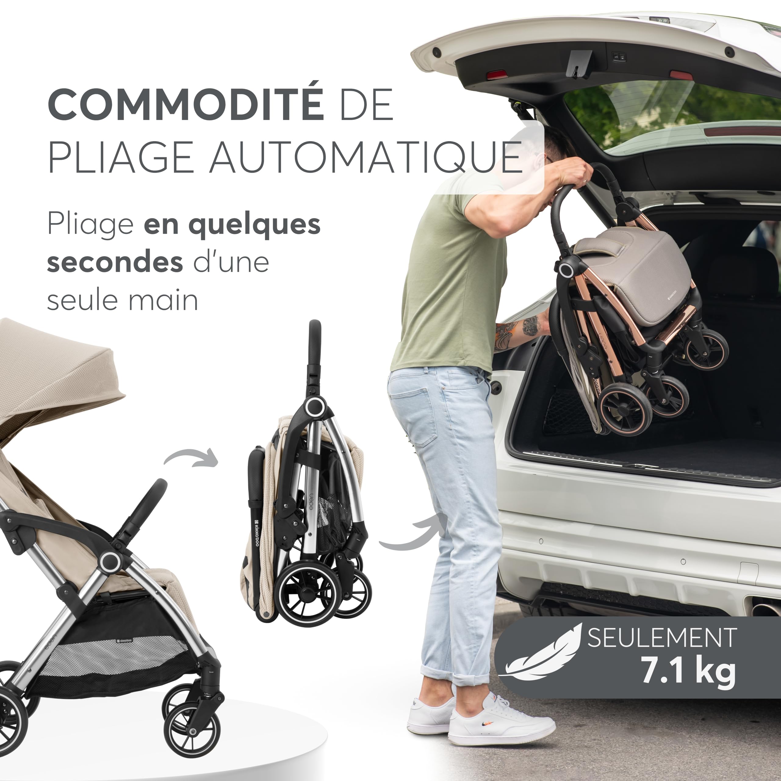 Poussette KikkaBoo EDEN, poussette bébé jusqu'à 22 kg, pliage automatique, position inclinable, ultra légère, compacte, beige