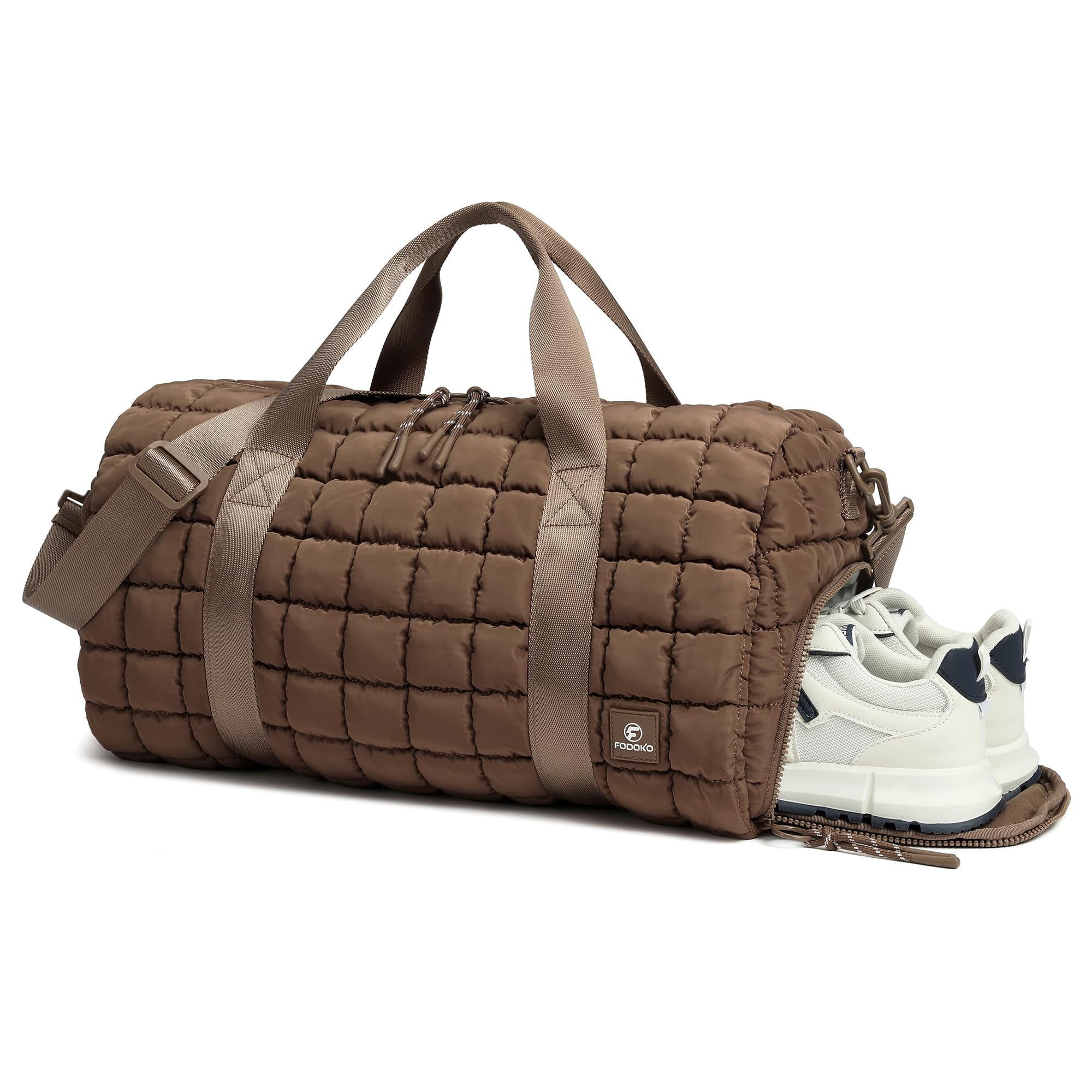 Quilted Duffel Bag for Women, Puffer Gym Duffle Bag with Shoe Compartment Lightweight Large Crossbody Sport Bag Travel Tote Brown