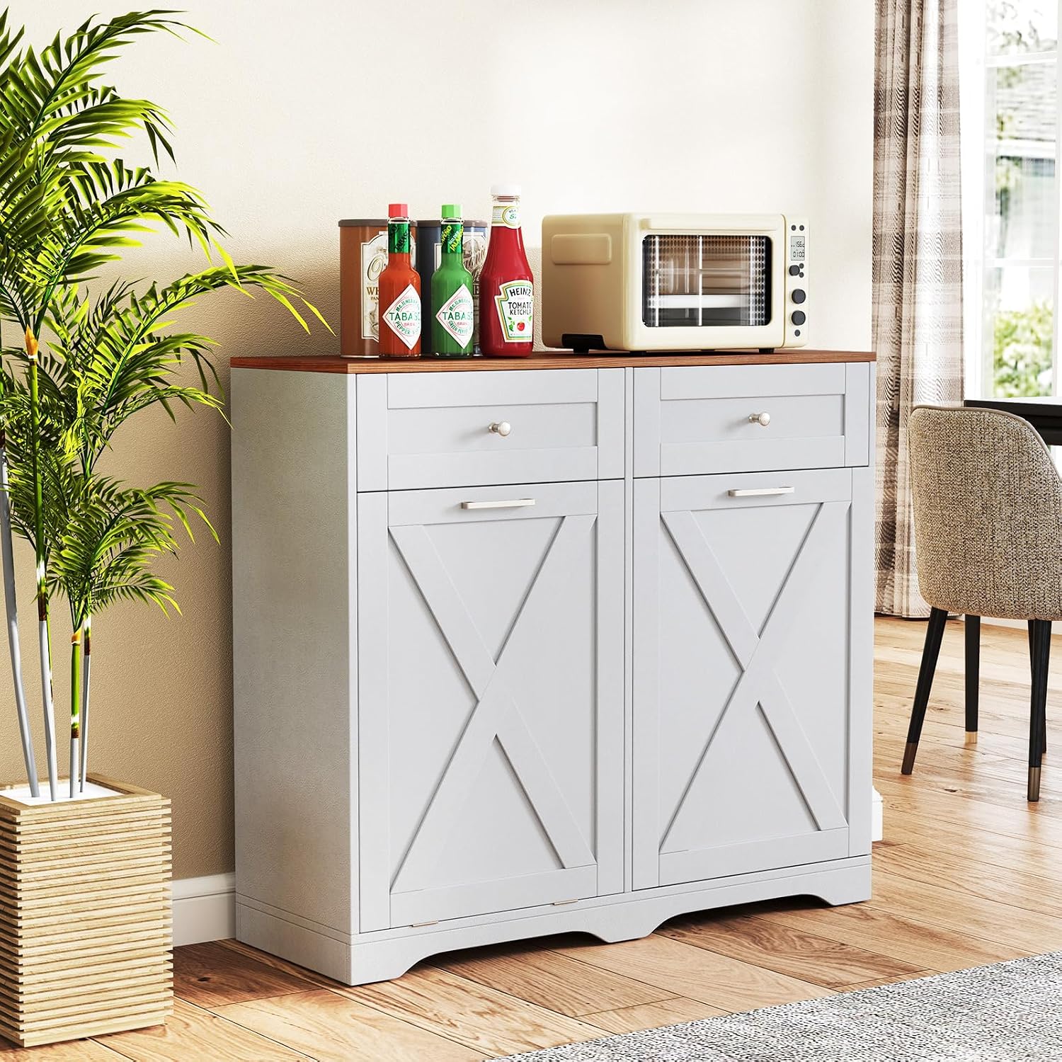 LOKO Tilt Out Trash Can Cabinet, Kitchen Island with 2 Drawers & Adjustable Shelves, Barn Door, Countertop Charge Station, Hidden Garbage Bin Cabinet for Kitchen, Laundry Room (Gray & Walnut)