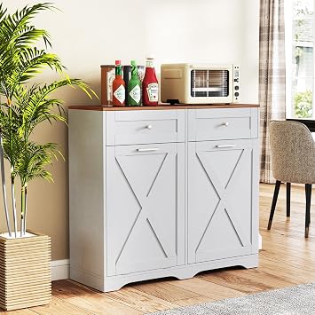 LOKO Tilt Out Trash Can Cabinet, Kitchen Island (Gray & Walnut)