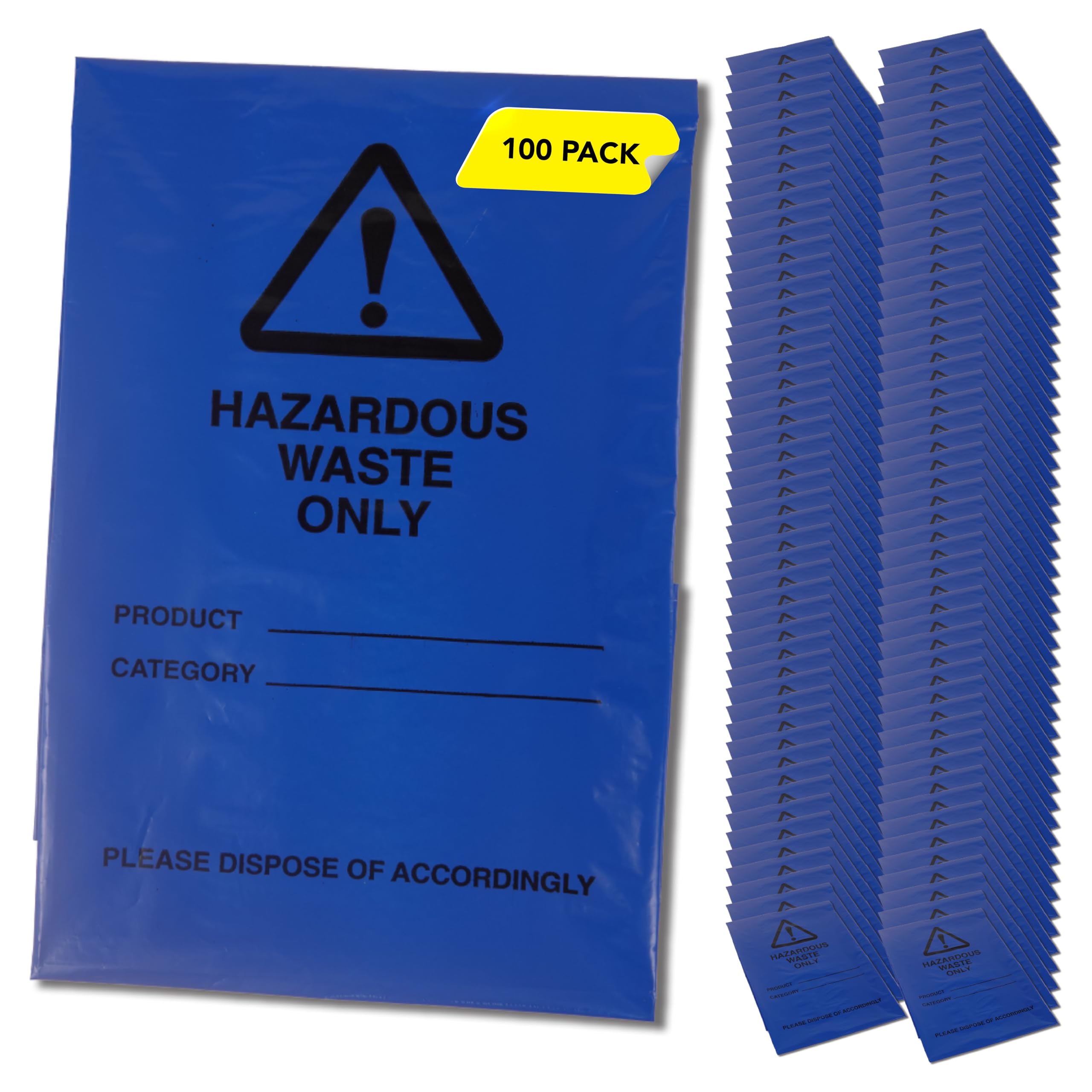 Hazardous Waste Bags - Blue - Pollution Control, Dangerous Waste Disposal, Clear and Easy to Identify, Hard Wearing, Domestic & Commercial Use, High Strength, Quality Sack, 100 Count